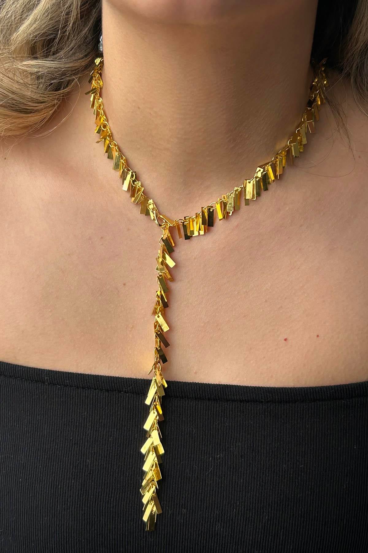 Altın Renk Saçaklı Çelik Y Kolye