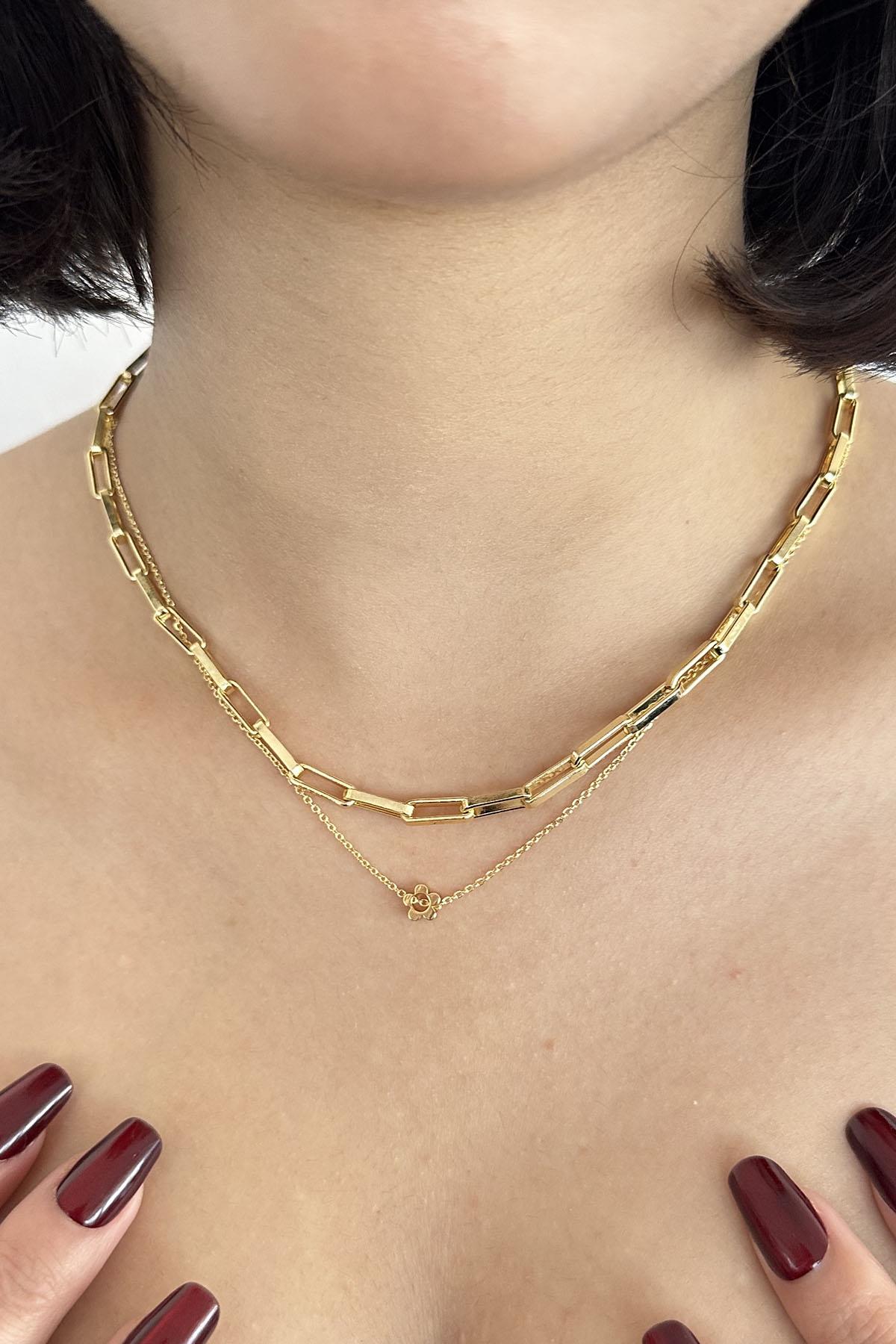 Altın Renk Çiçek Figürlü İkili Kolye