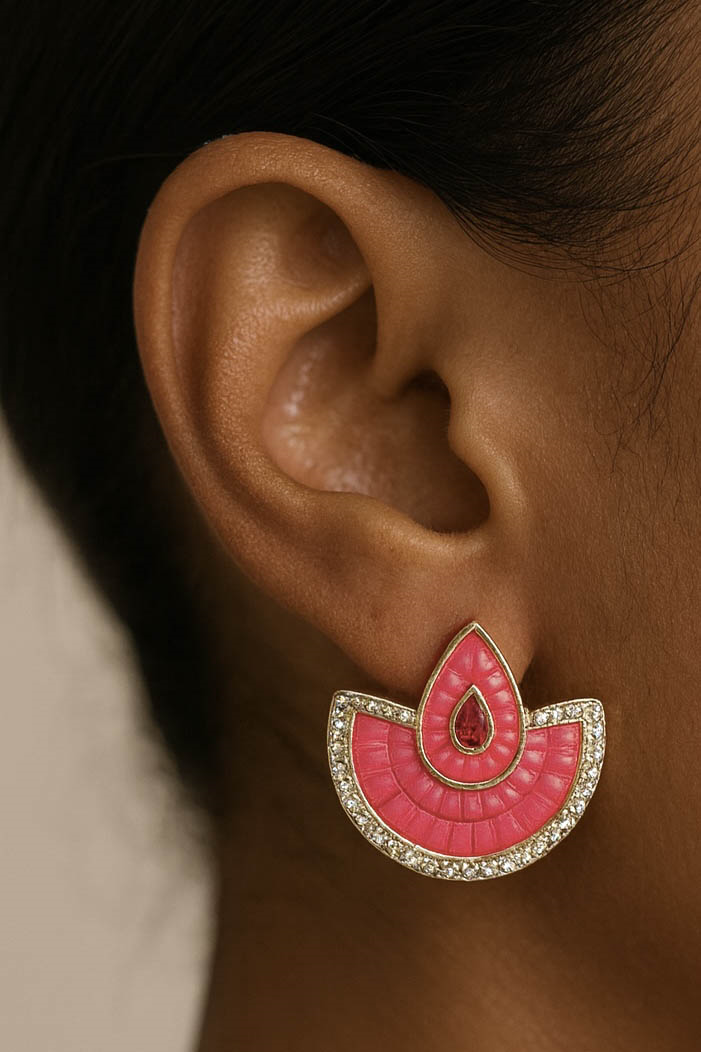 Altın Ve Pembe Renk Taş Detaylı Küpe (Çift)