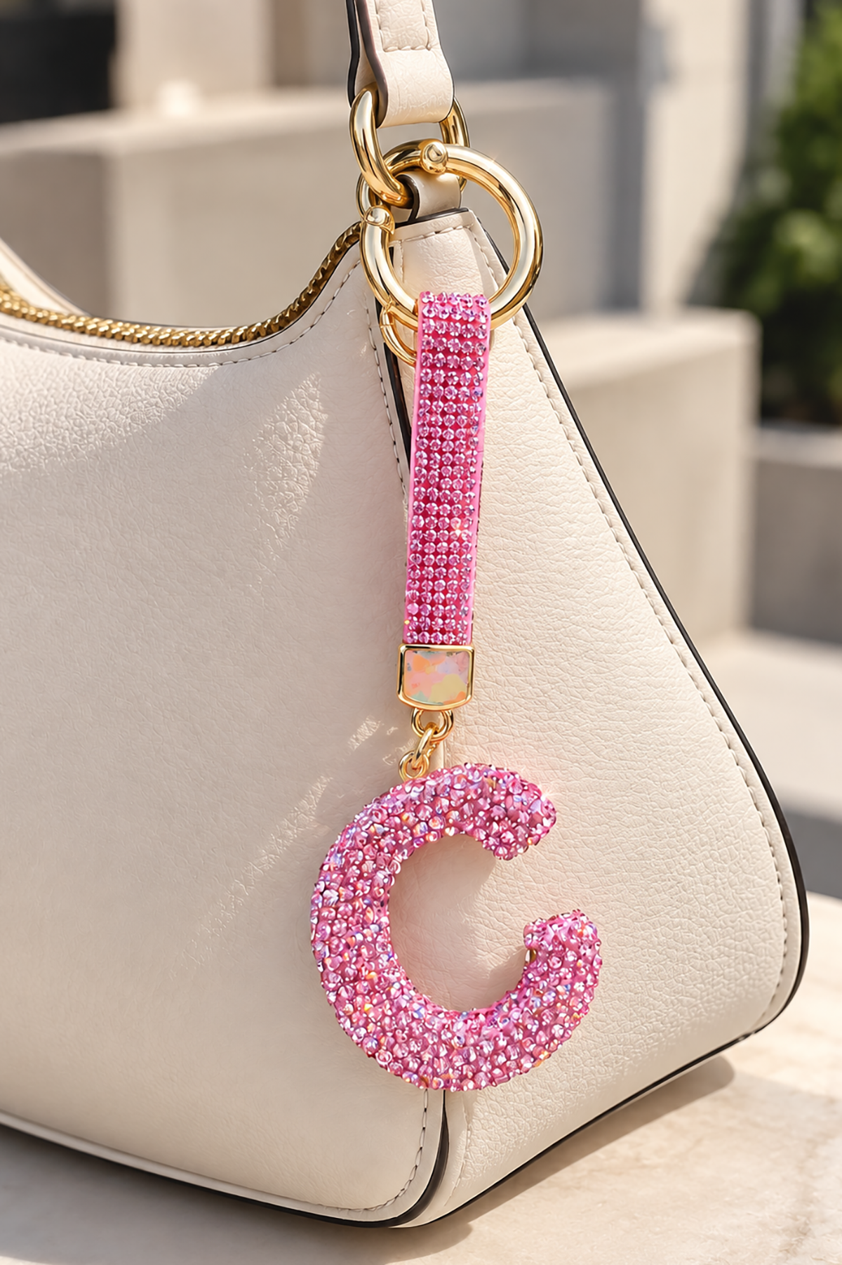 Pembe Renk C Harf Taşlı Çanta Charm/ Anahtarlık