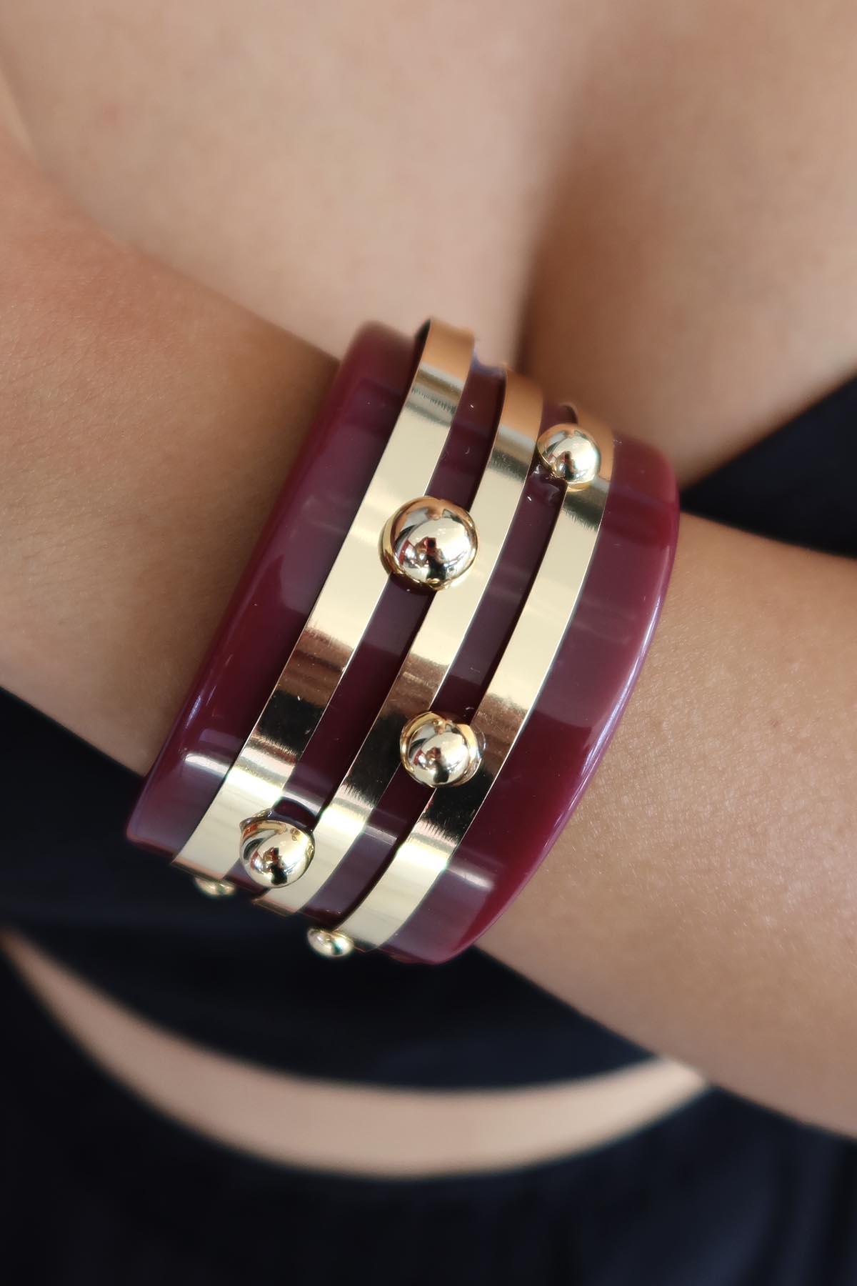 Altın Ve Bordo Renk Kemik Kelepçe Bileklik