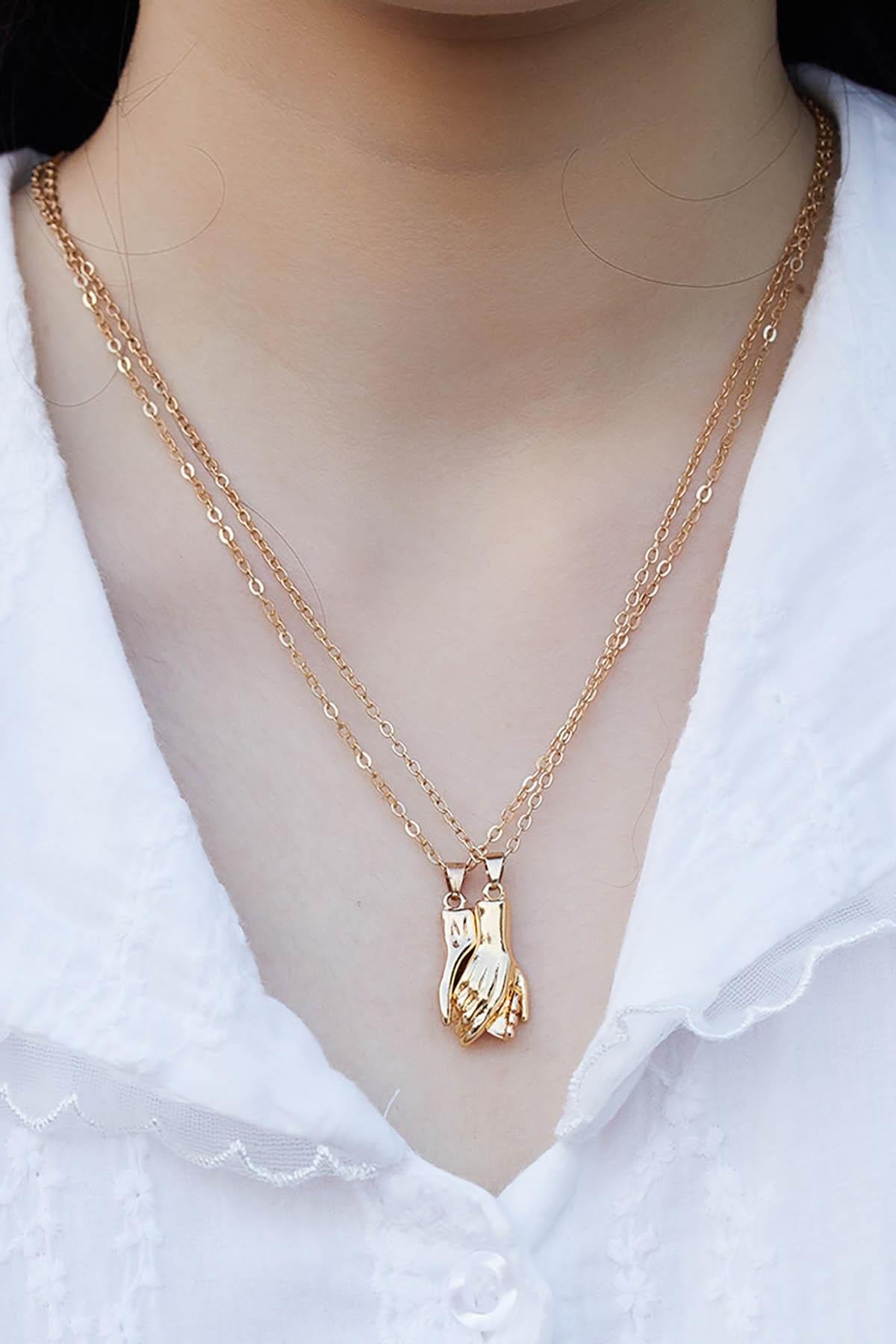 Altın  Renk El Detaylı Mıknatıslı Çelik Sevgili/Arkadaş Kolyesi