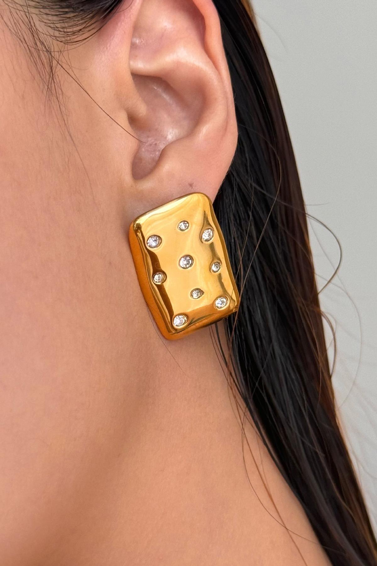 Altın Renk Taş Detaylı Küpe (Çift)