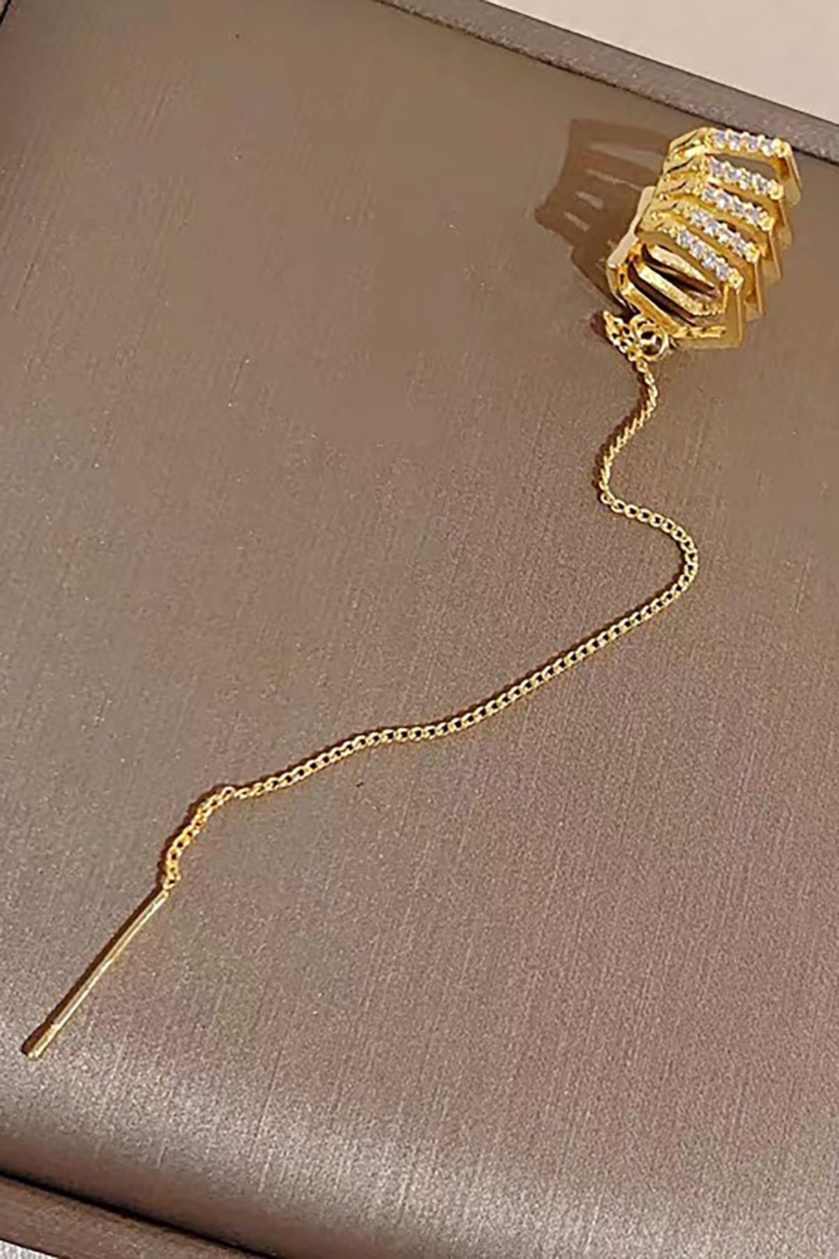 Altın Renk Taş Detaylı 14K Altın Kaplama TX Ear Cuff (Tek)