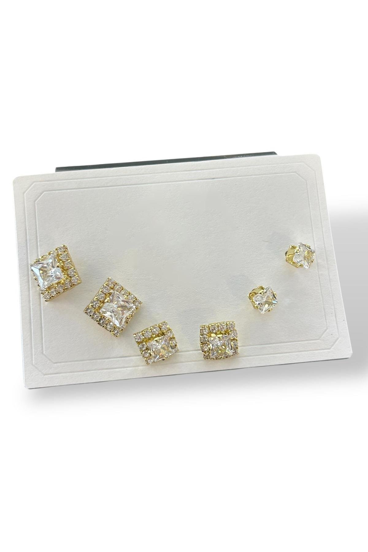 6'lı Altın Renk Taş Detaylı 14k Altın Kaplama Küpe Set