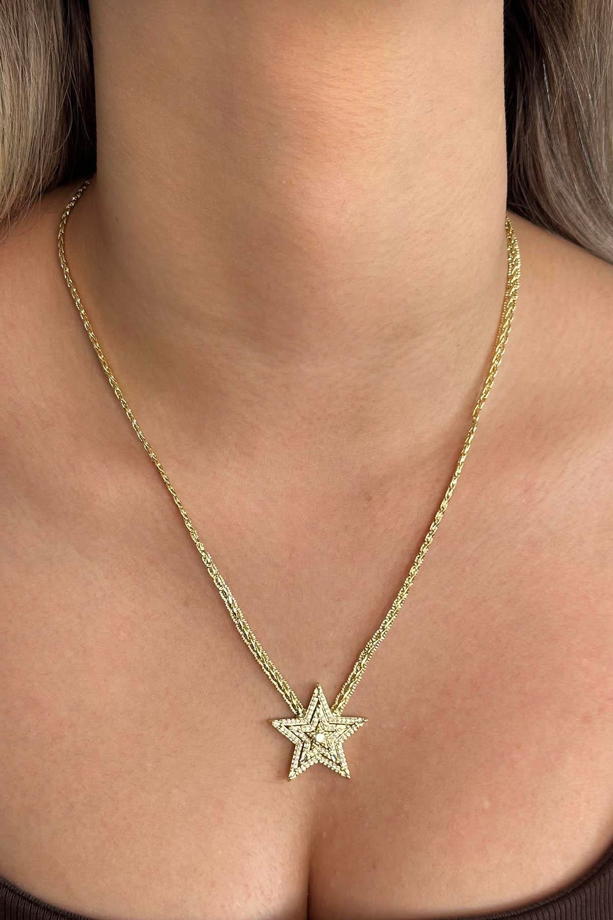 Altın Renk Yıldız Figürlü 14K Altın Kaplama Vip Taşlı Kolye