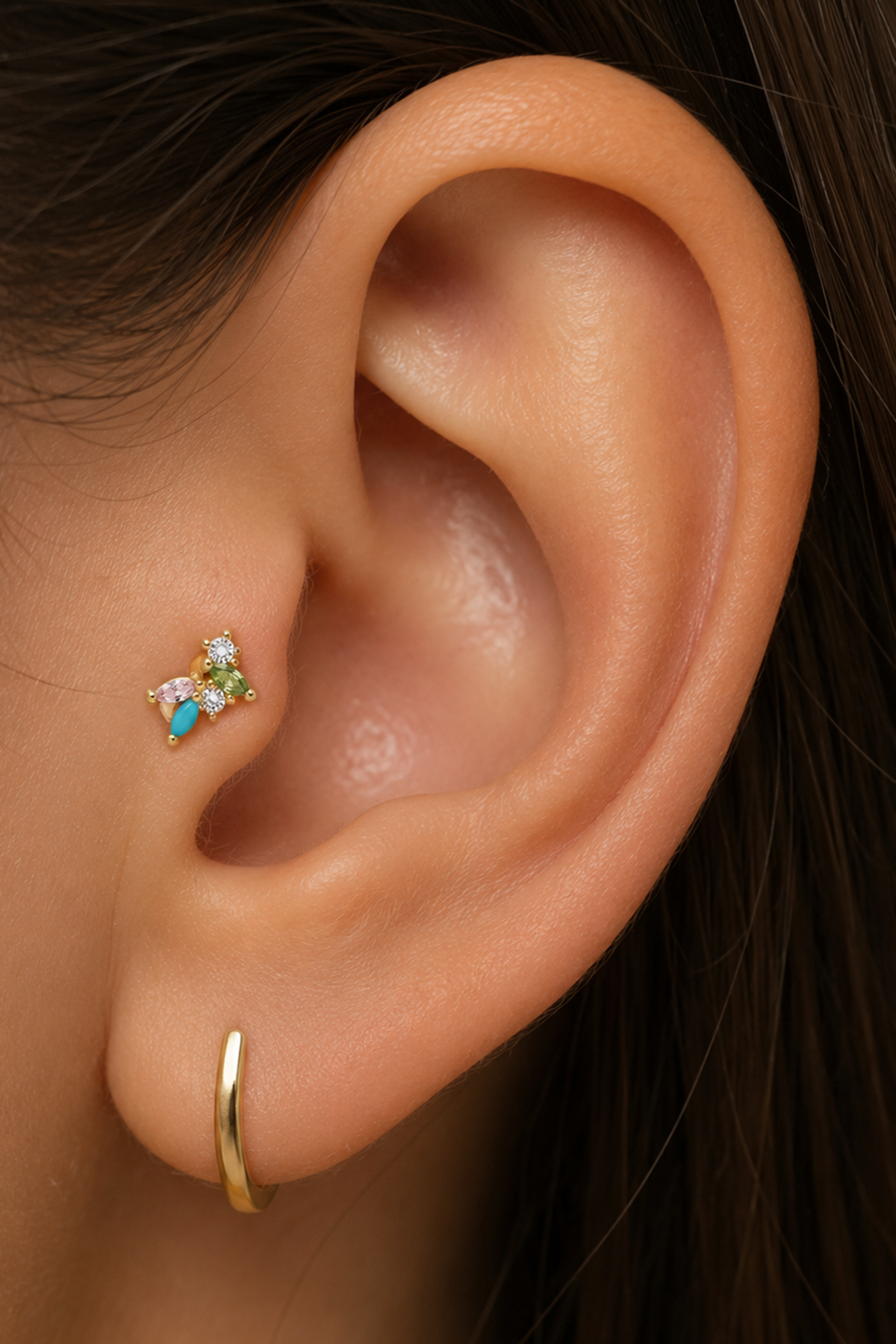 Altın  Renk Taşlı Cerrahi Çelik Tragus/Kıkırdak Küpe/Piercing (Tek)