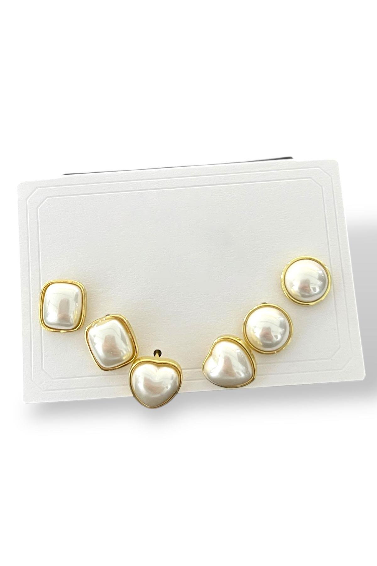Altın Renk Kalp Figürlü İnci Detaylı 6'lı Küpe Set