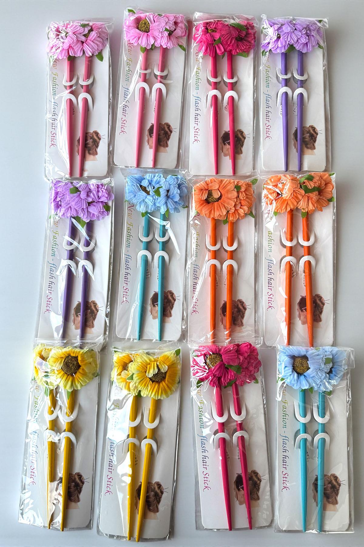 12'li Karışık Renk Çiçek Figürlü Topuz Kalemi/ Tokası Set