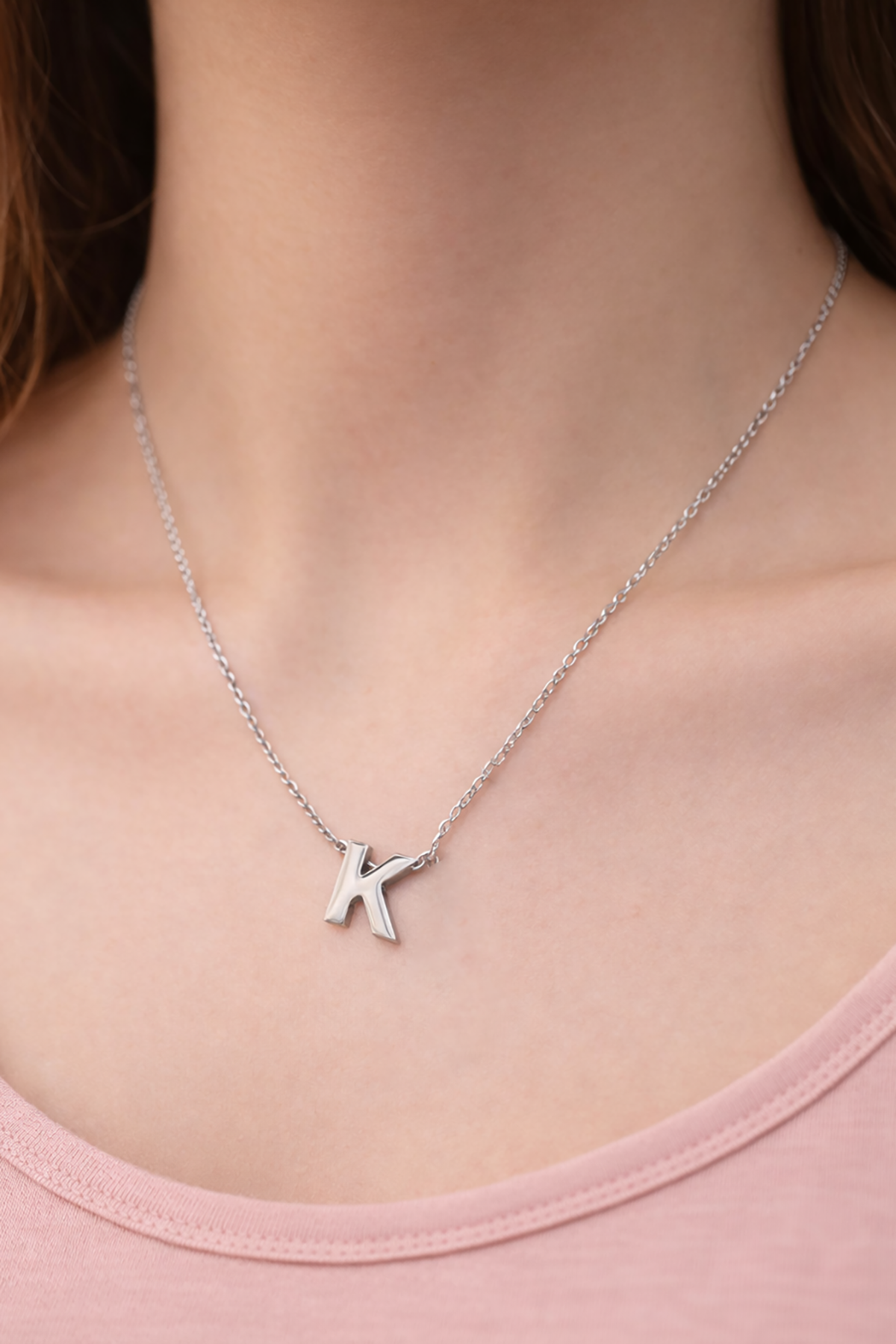 Gümüş Renk K Harf Çelik Kolye