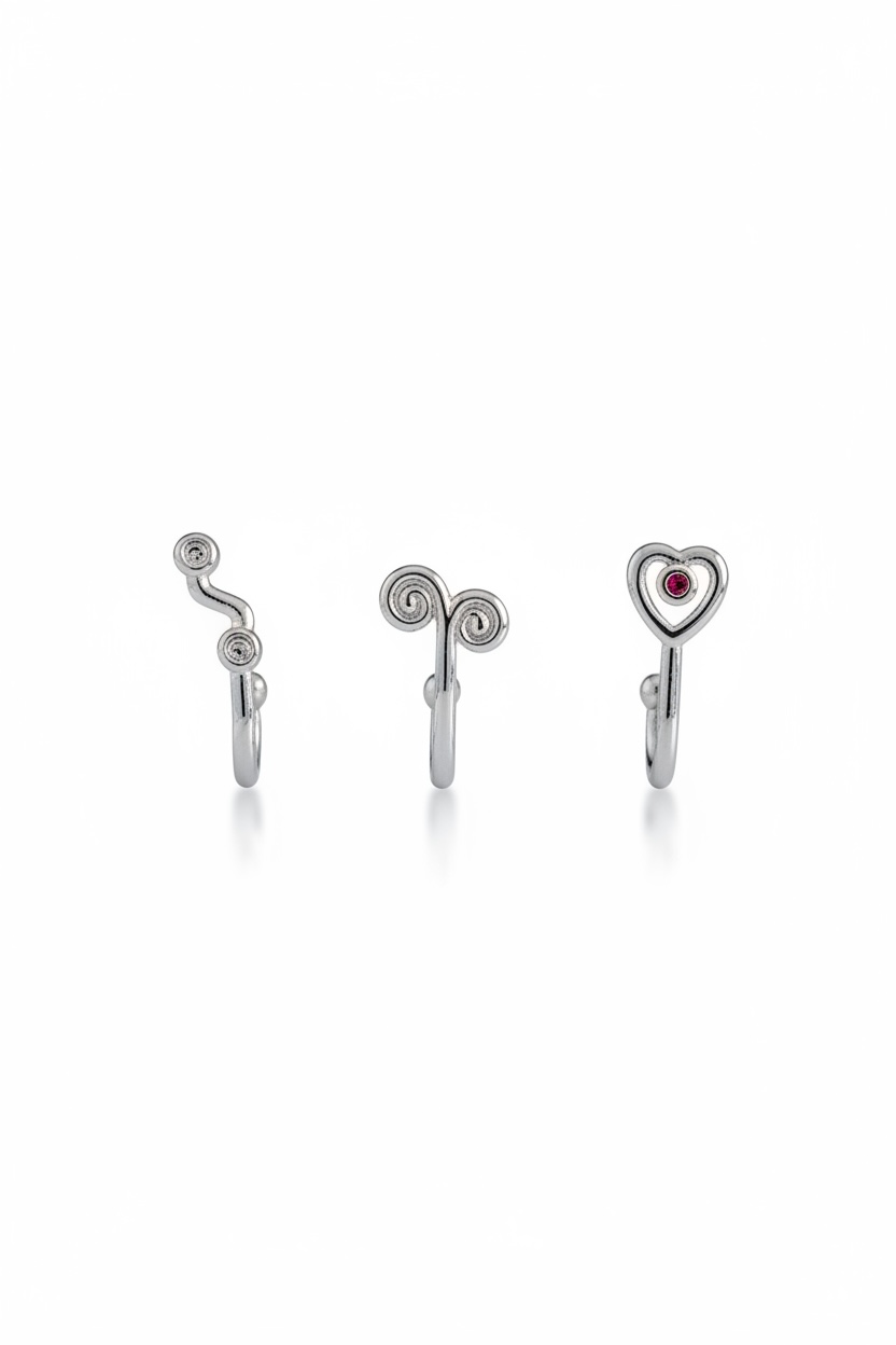Gümüş Renk Karışık Figürlü Deliksiz Kulak/Burun 3'lü Piercing Set