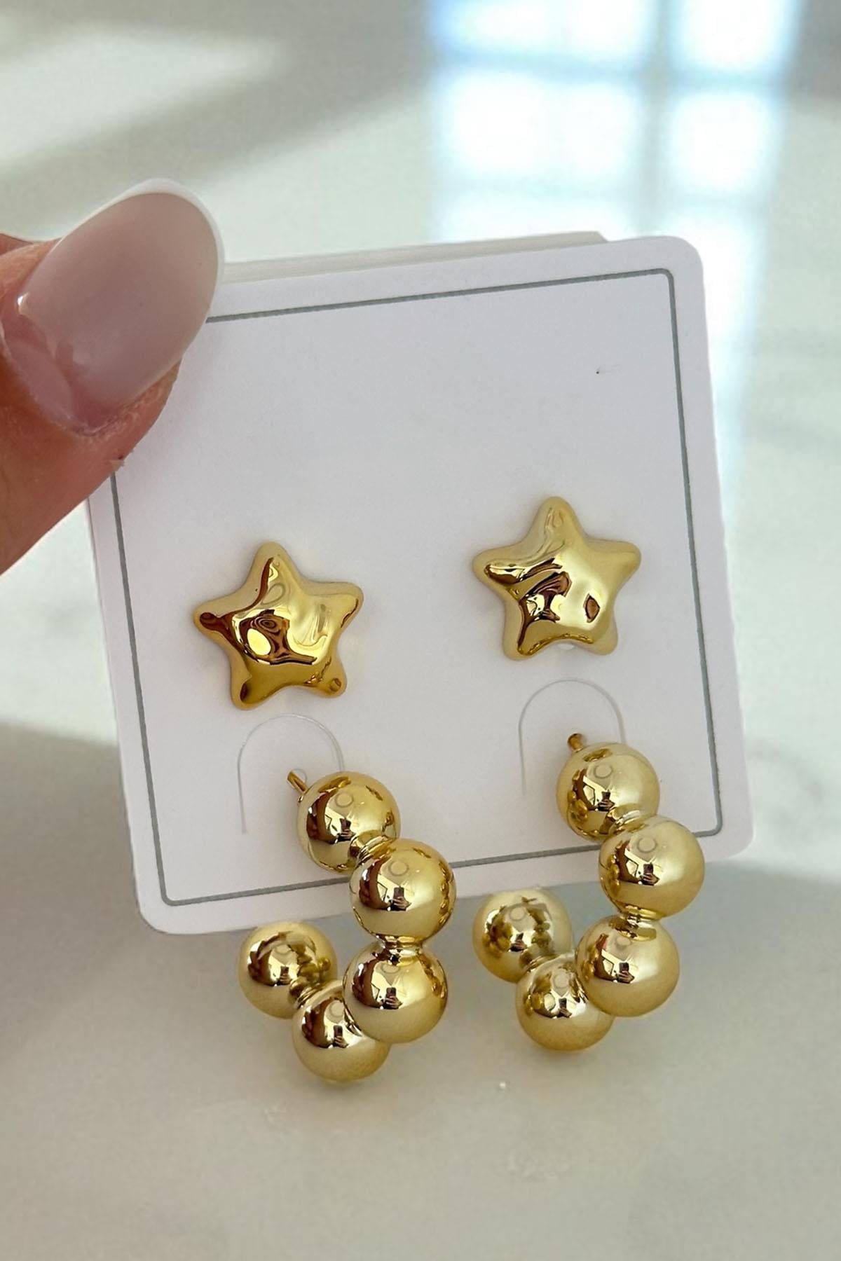 Altın Renk Yıldız Figürlü Küpe Set