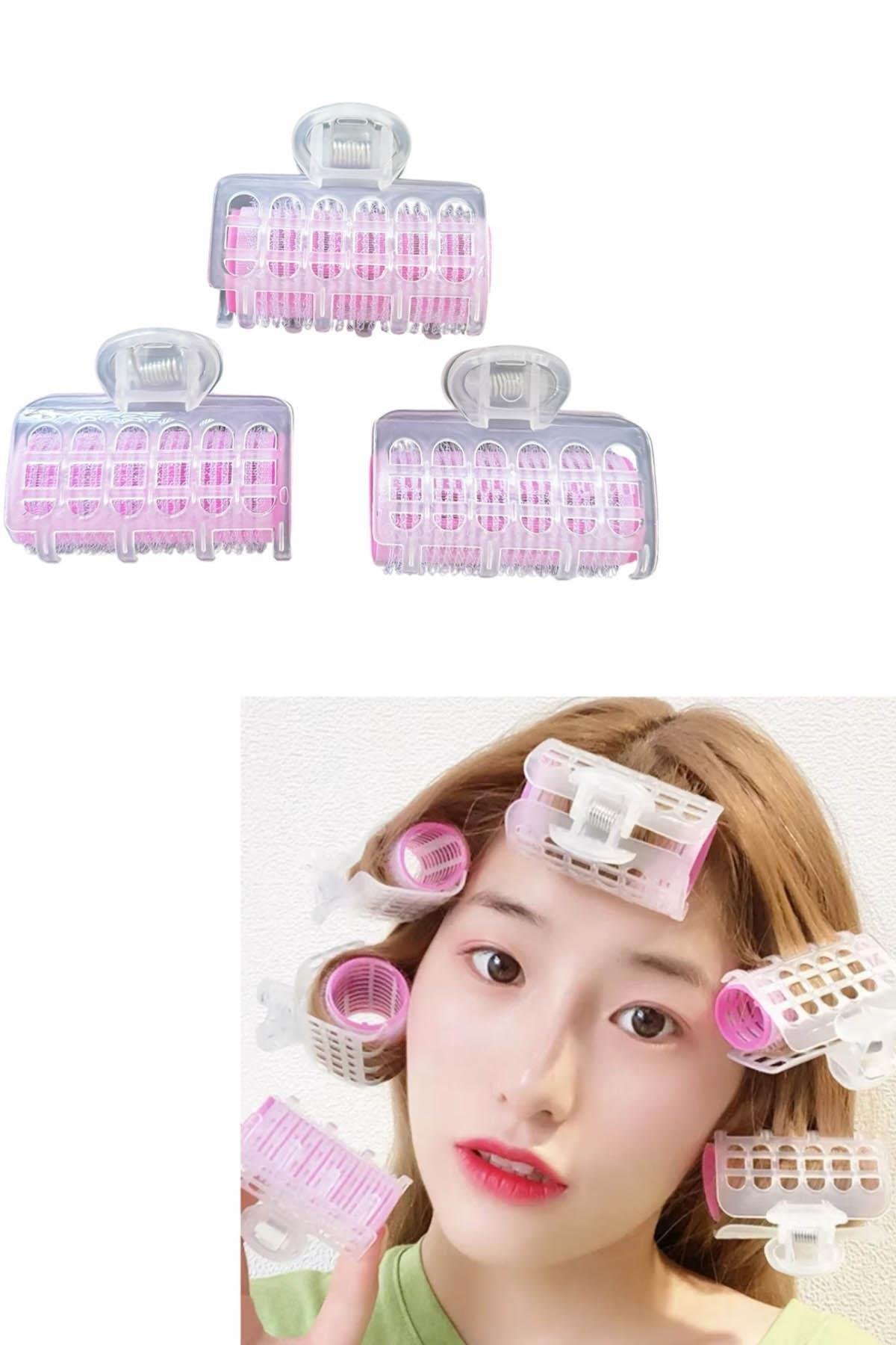 Pembe Renk 3'lü Bigudi Cırtlı Mandal Tokalı/ Yapışkanlı Saç Bigudisi
