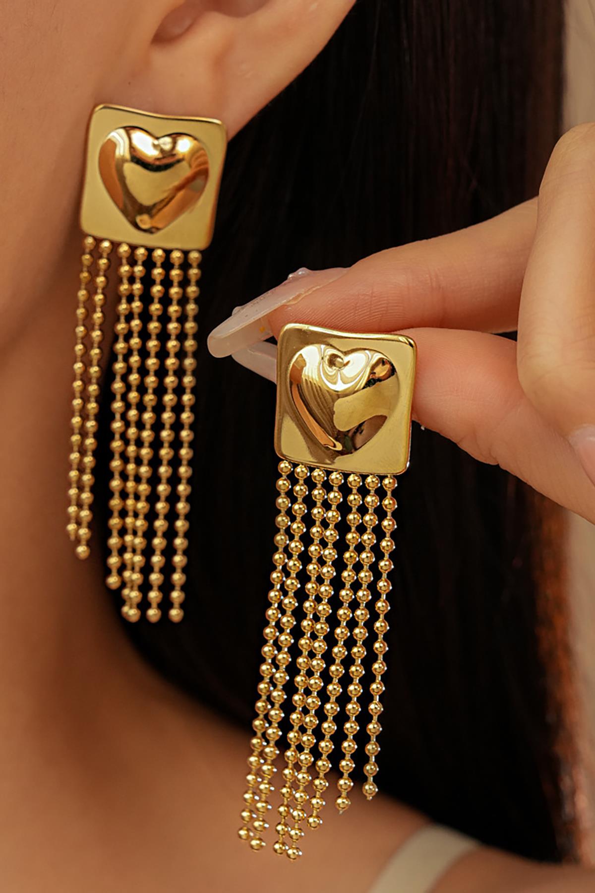 Altın Renk Kalp Figürlü Sallantılı Çelik Küpe (Çift)