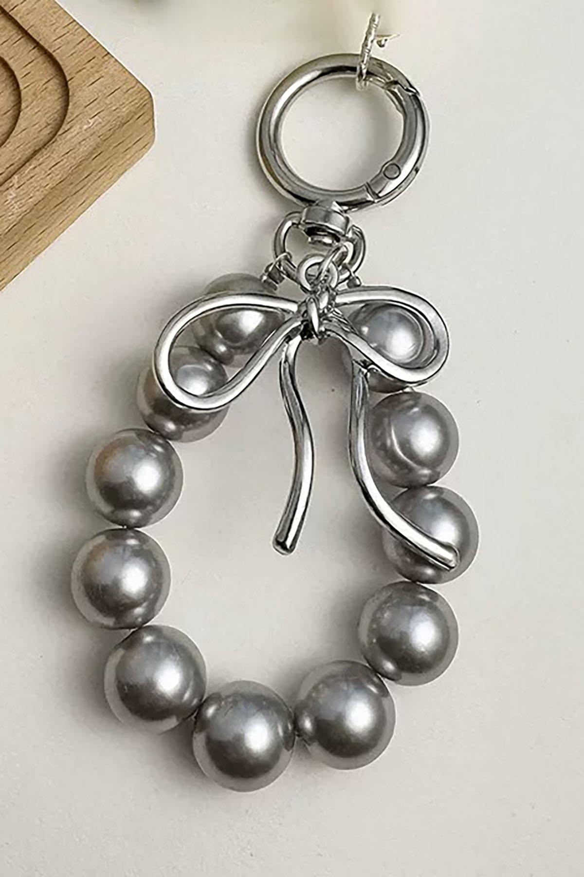 Gri Renk İnci Detaylı Çanta Charm/ Anahtarlık