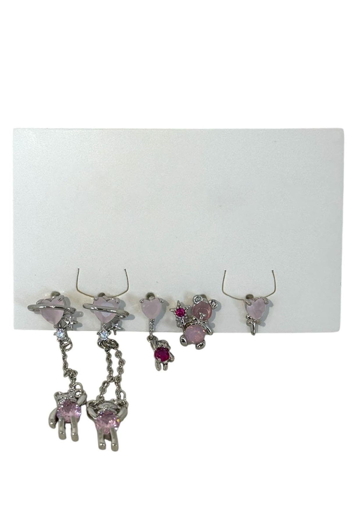 Gümüş Renk Karışık Figürlü Taş Detaylı 5'li Küpe Set