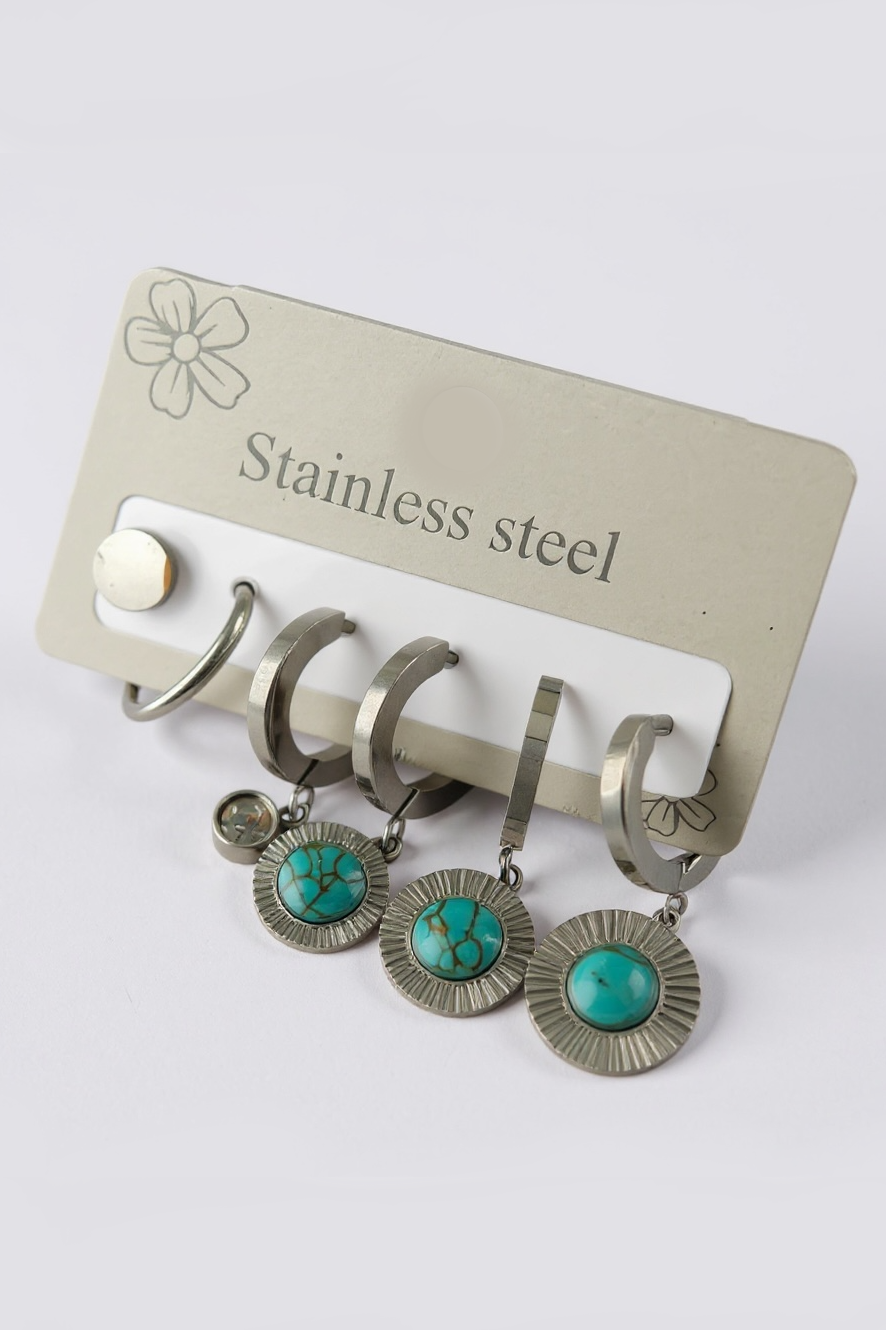 6'lı Gümüş Renk Taş Detaylı Çelik Küpe Set