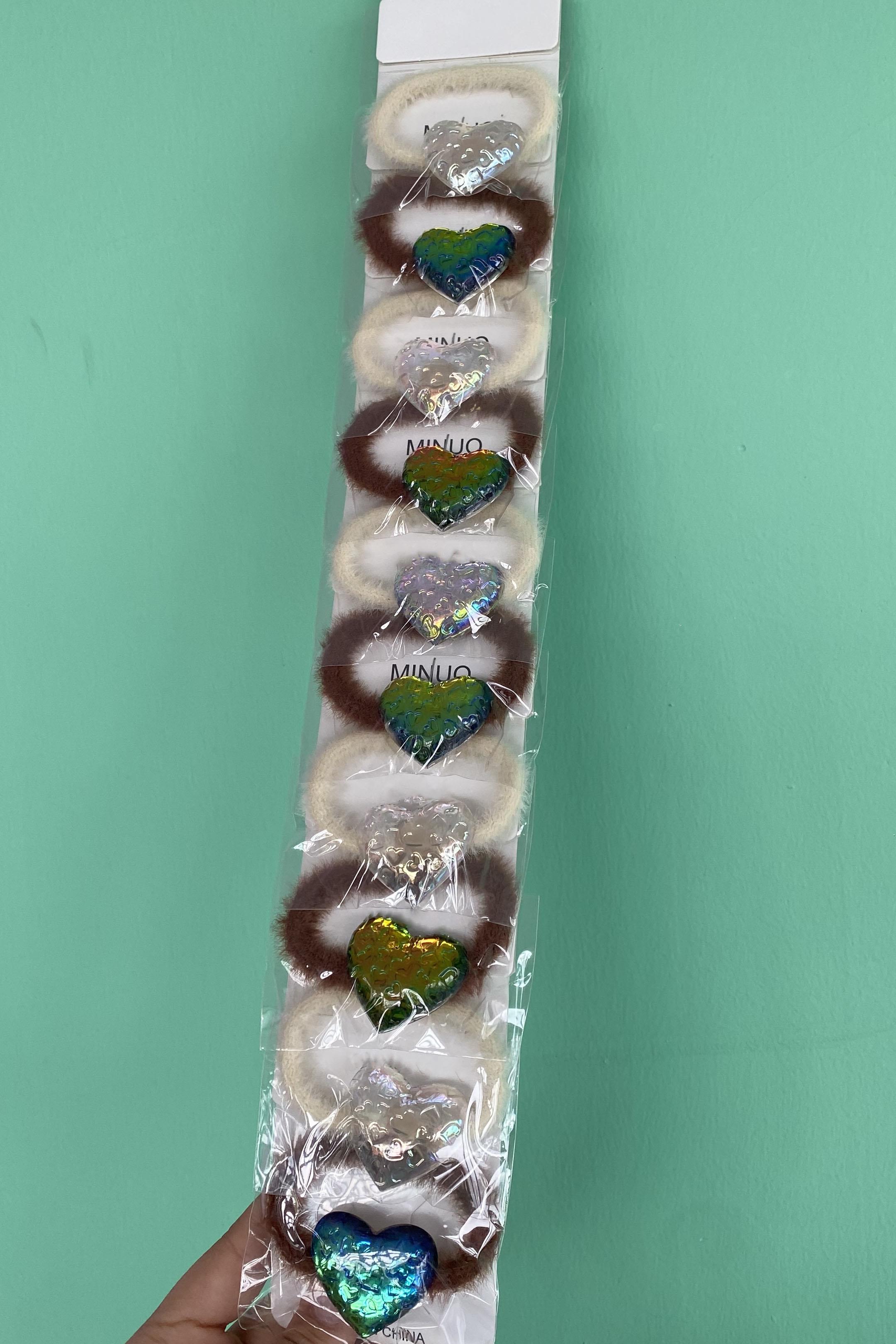 10'lu Karışık Renk Kalp Figürlü Peluş Simit Toka