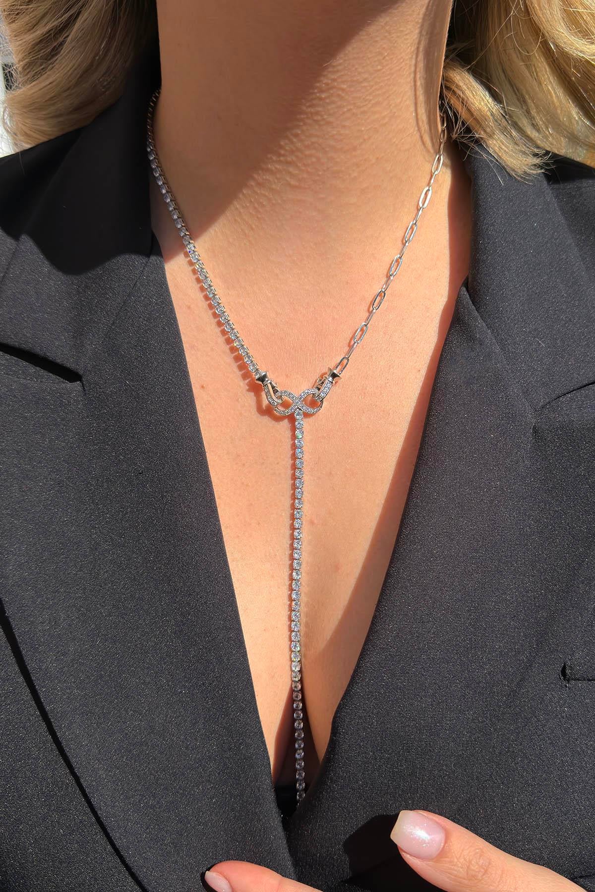 Gümüş Renk Taş Detaylı 14K Altın Kaplama Kolye