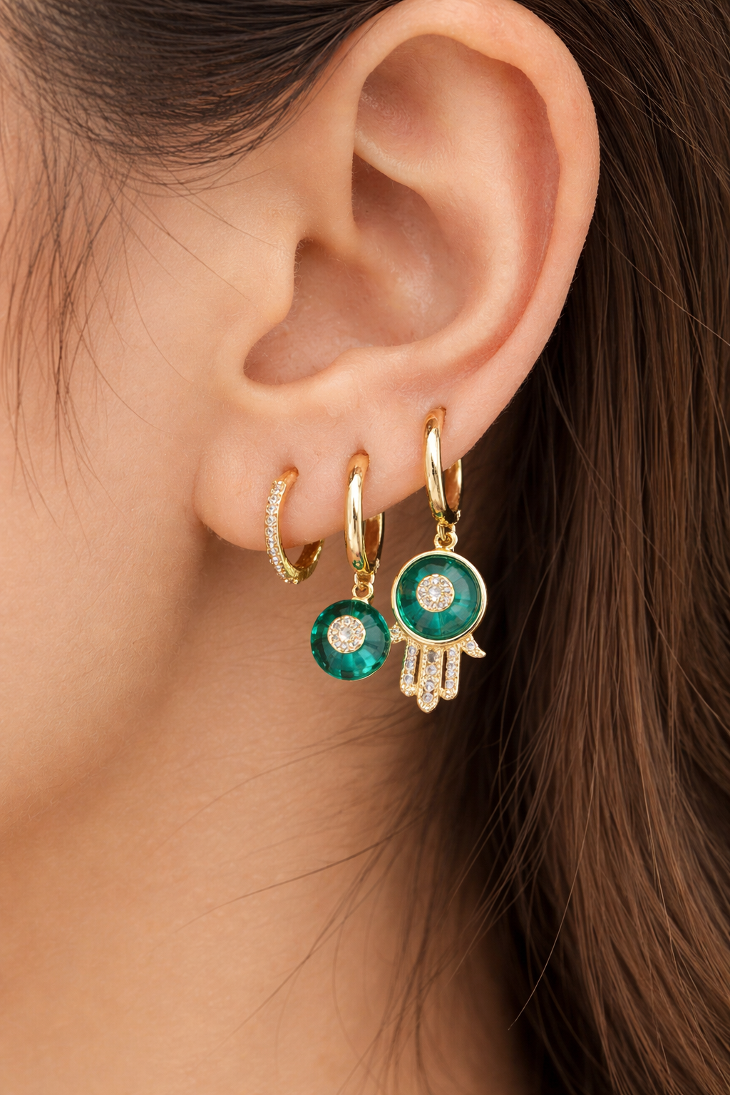 3'lü Altın Renk Mavi Taş Detaylı 14K Altın Kaplama TX Küpe