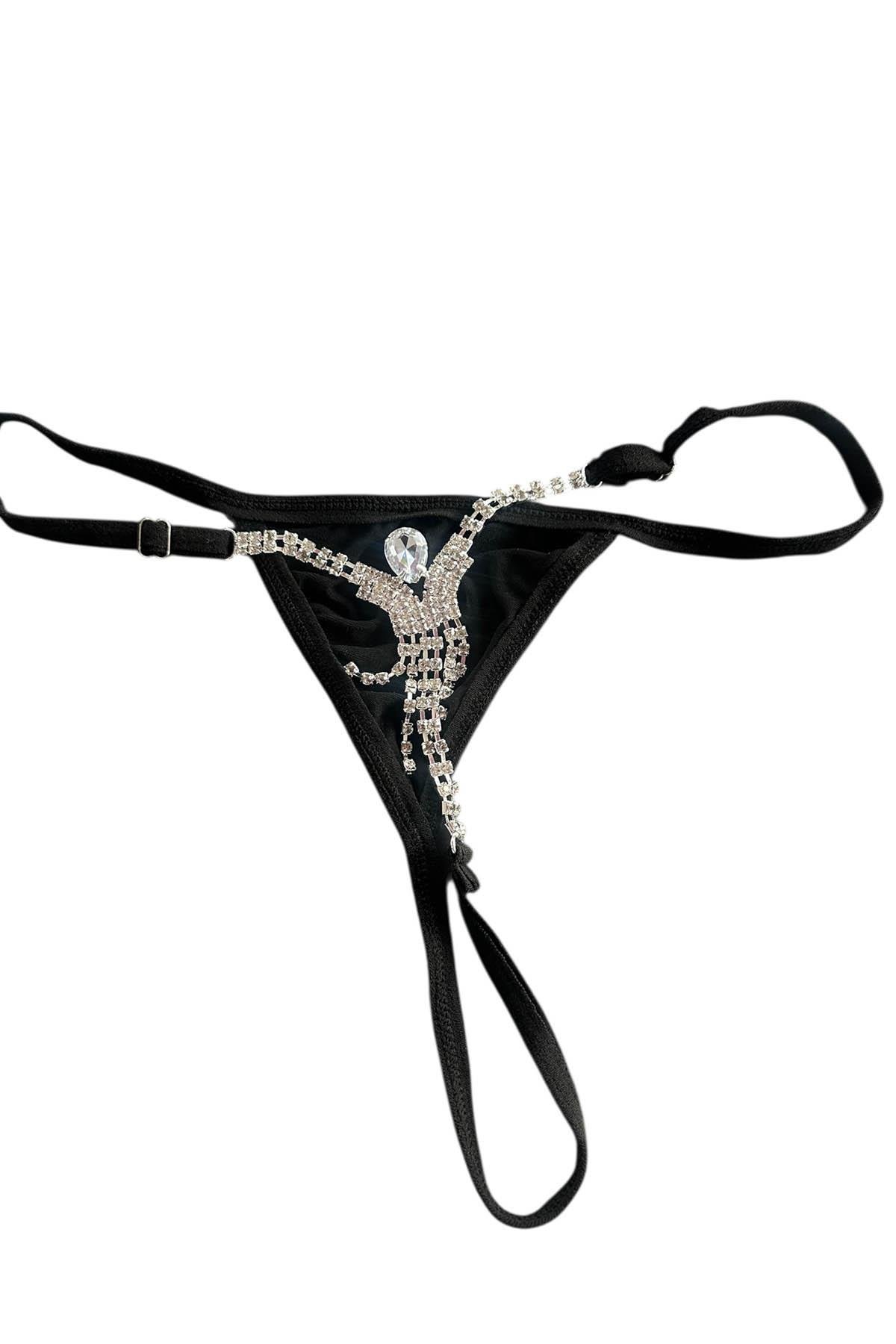 Siyah Renk Taş Detaylı Tanga