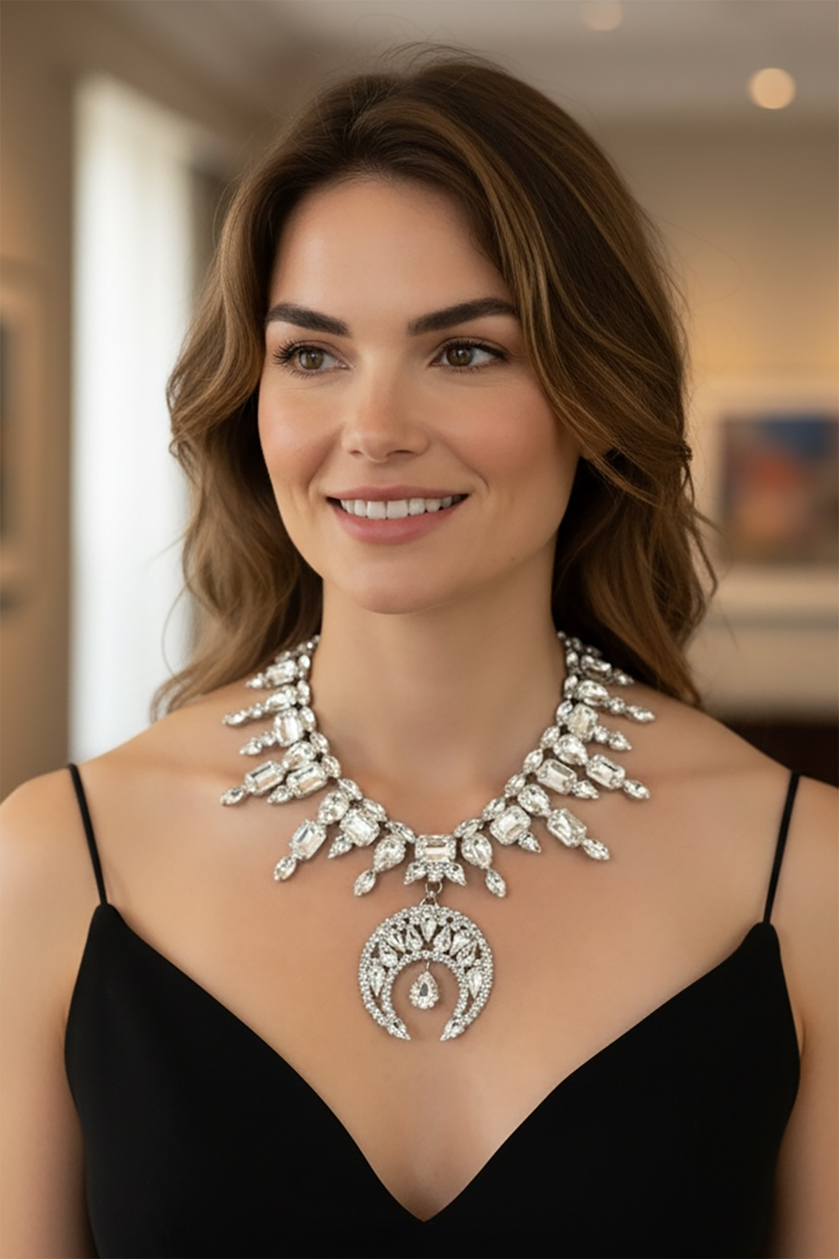 Gümüş Renk Taş Detaylı Tasarım Abiye Kolye