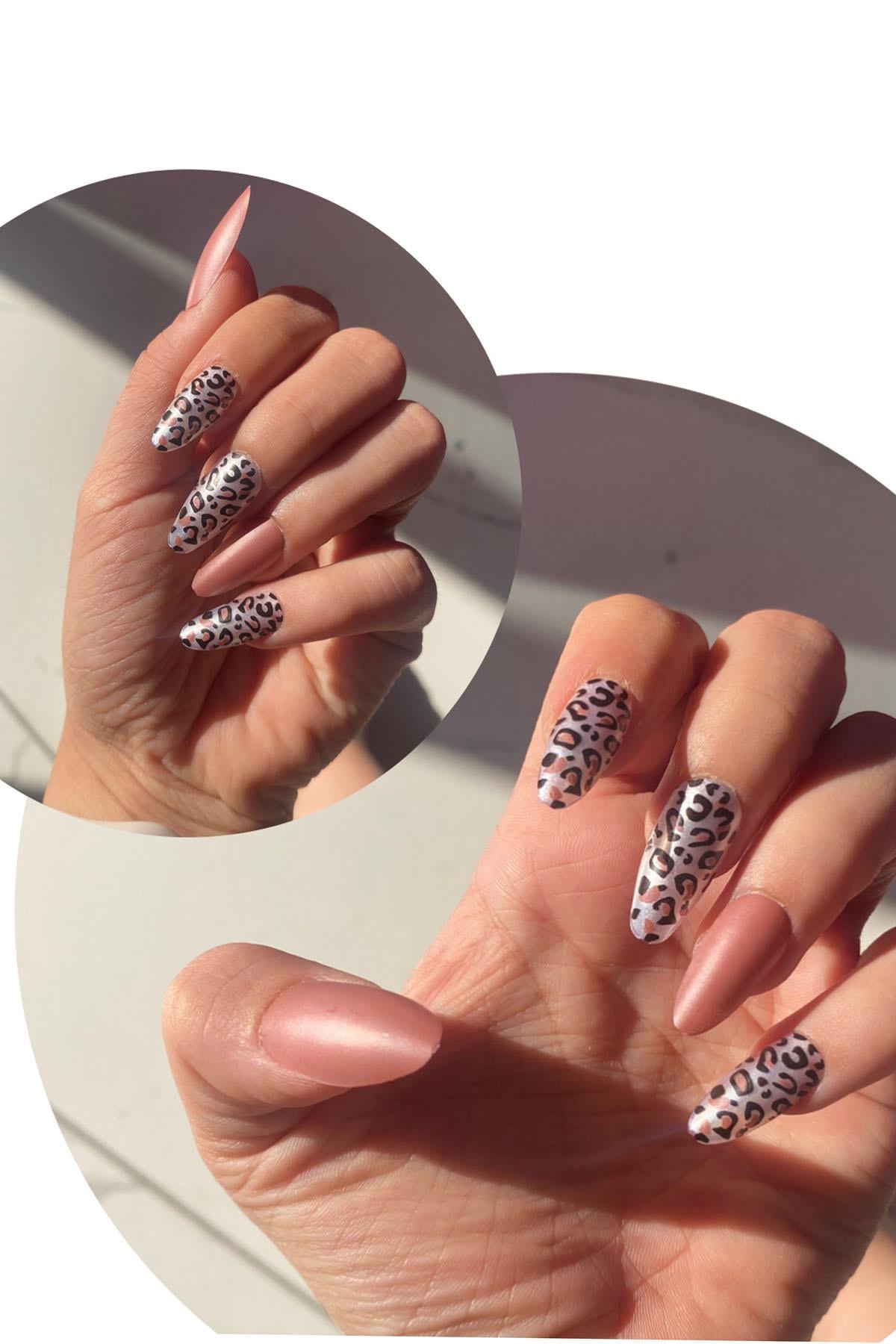 12'li Kahve Renk Leopar Nail Art Figürlü Takma Tırnak Seti (Yapıştırıcılı)