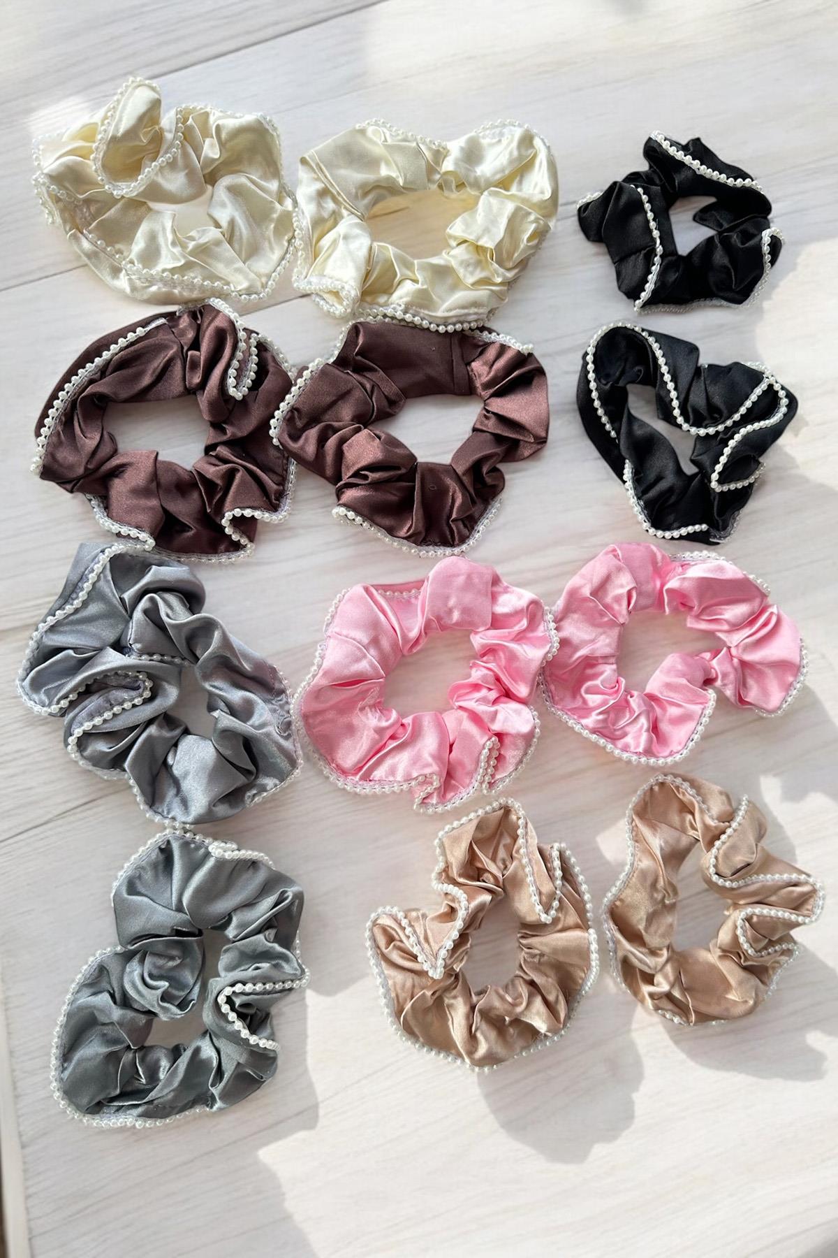 12'li Karışık Renk İnci Detaylı Saten Simit Toka