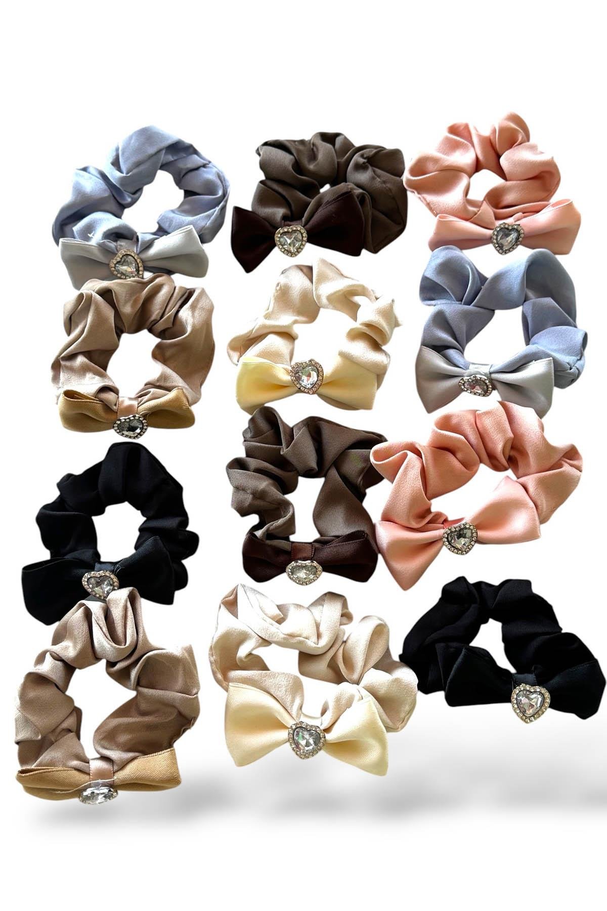 12'li Karışık Renk Kalp Figürlü Taş Detaylı Simit Toka Set