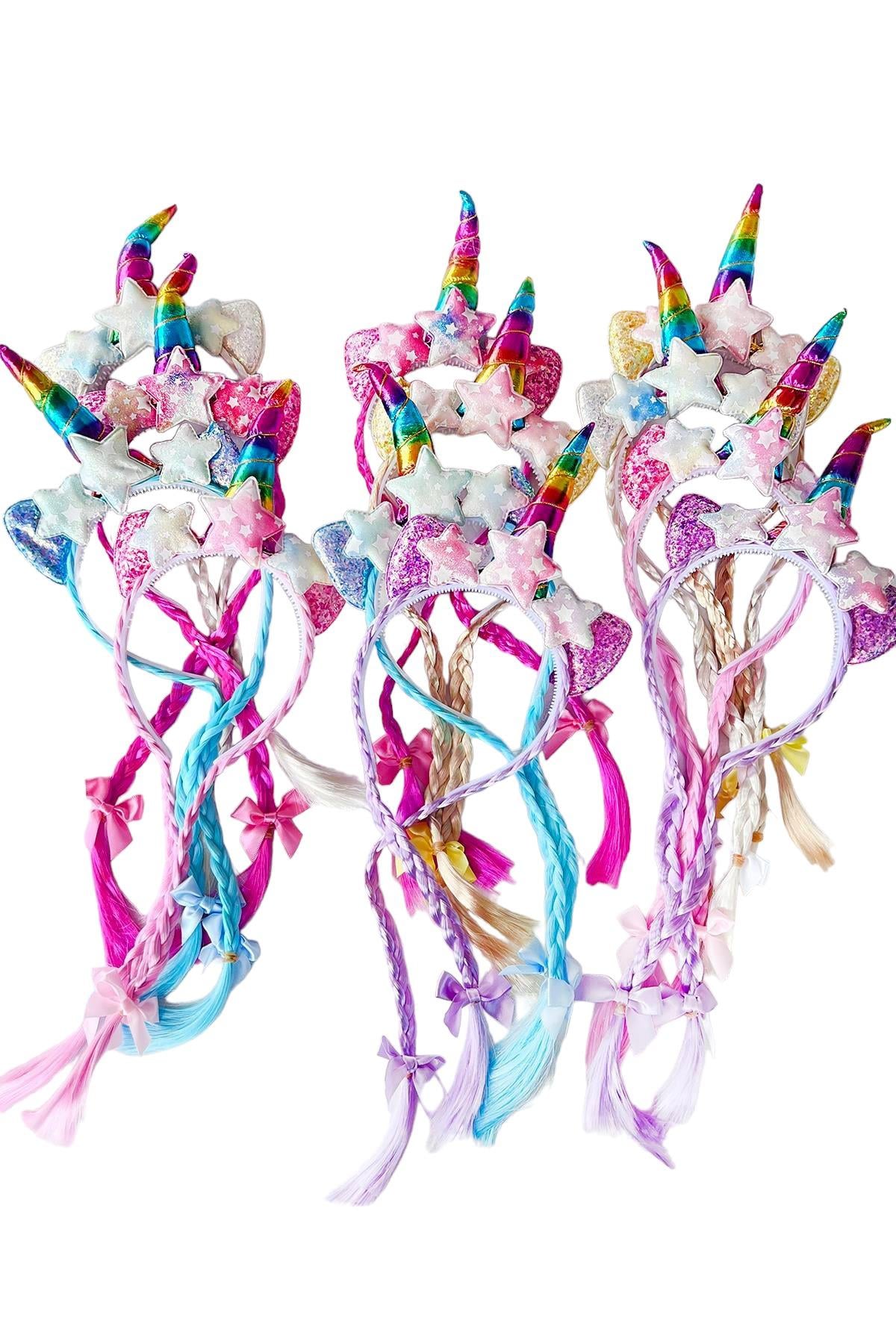 12'li Karışık Renk Örgü Detaylı Unicorn Taç