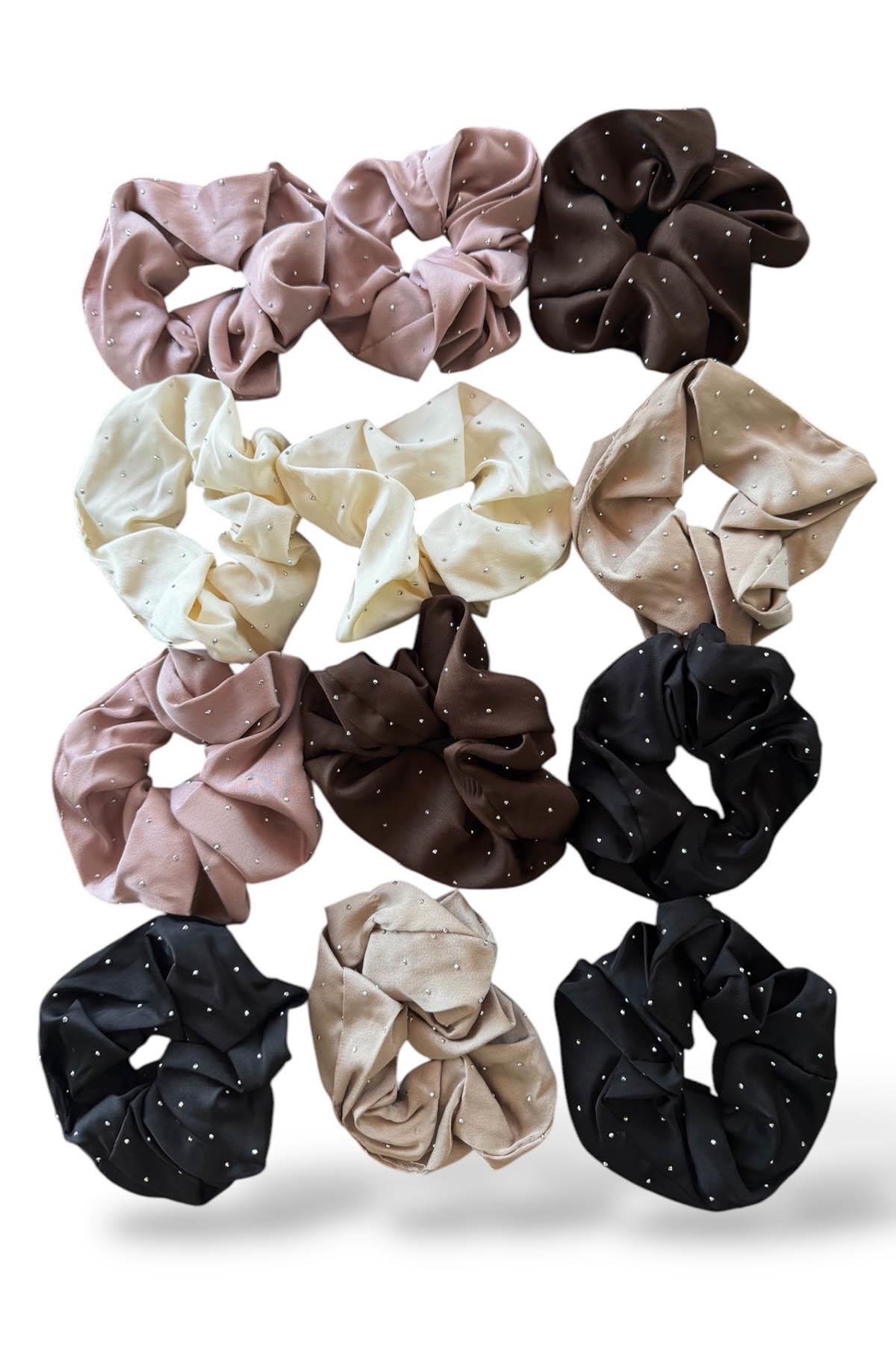 12'li Karışık Renk Taş Detaylı Saten Simit Toka Set