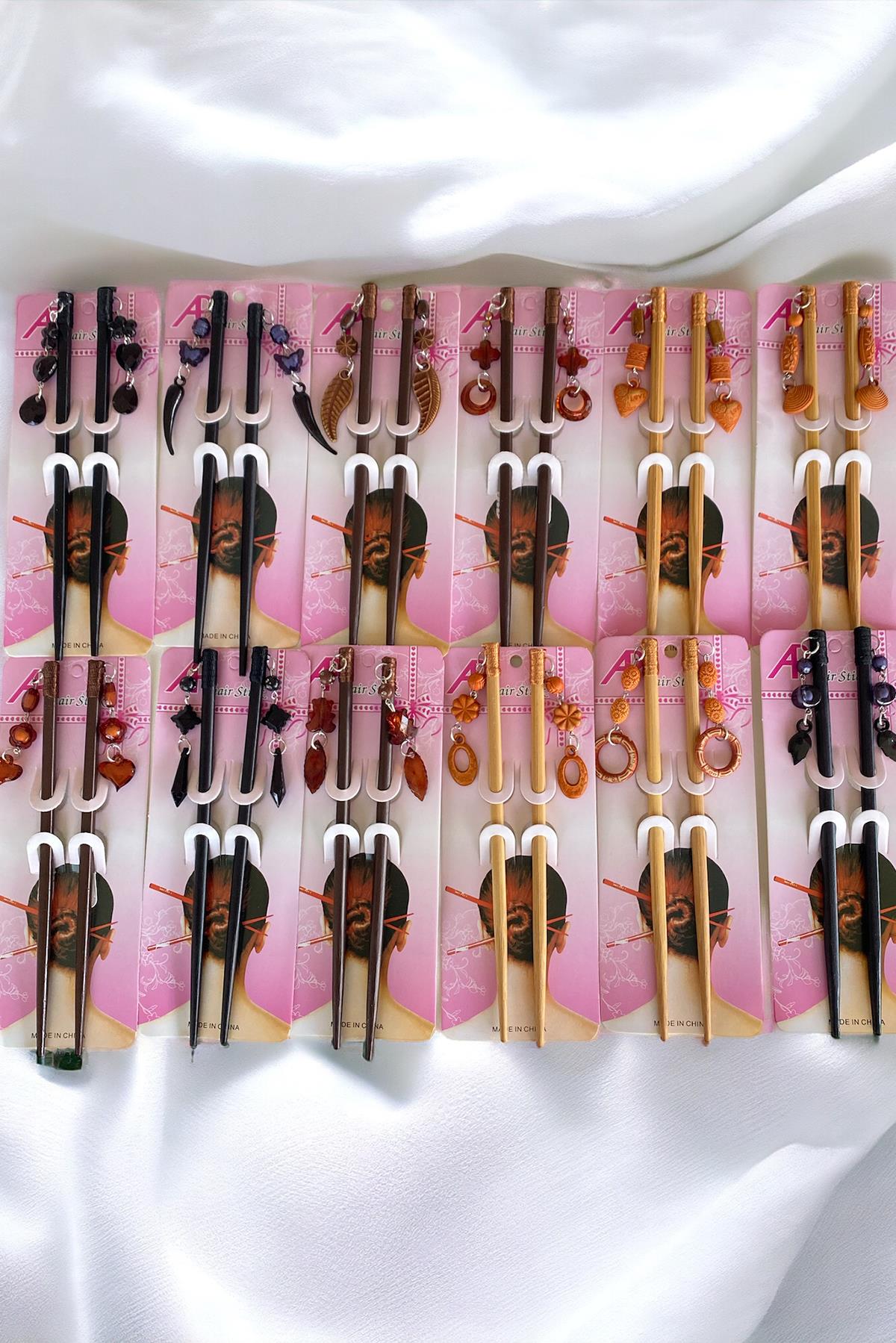 12'li Karışık Renk Taş Detaylı Topuz Kalemi/ Tokası