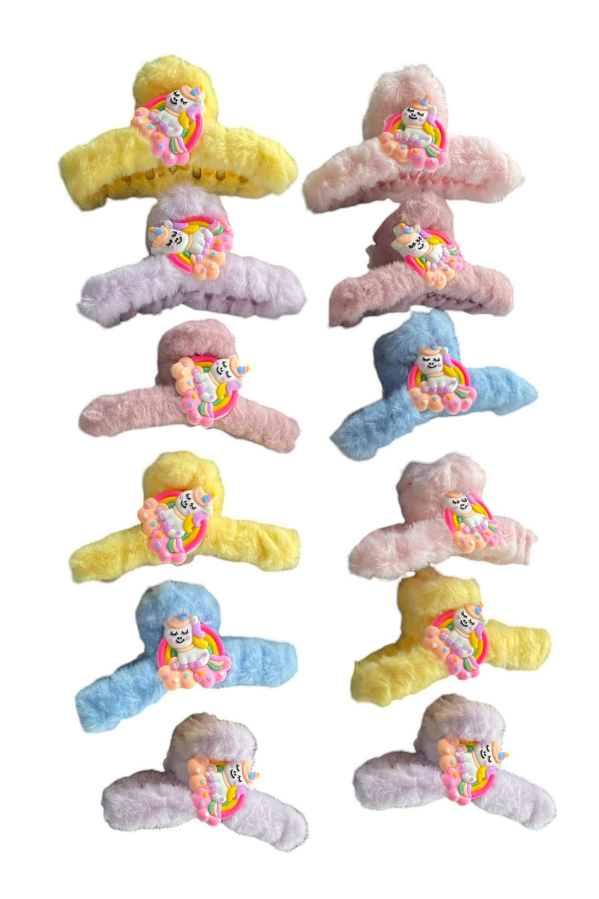 12'li Karışık Renk Unicorn Figürlü Peluş Toka Set