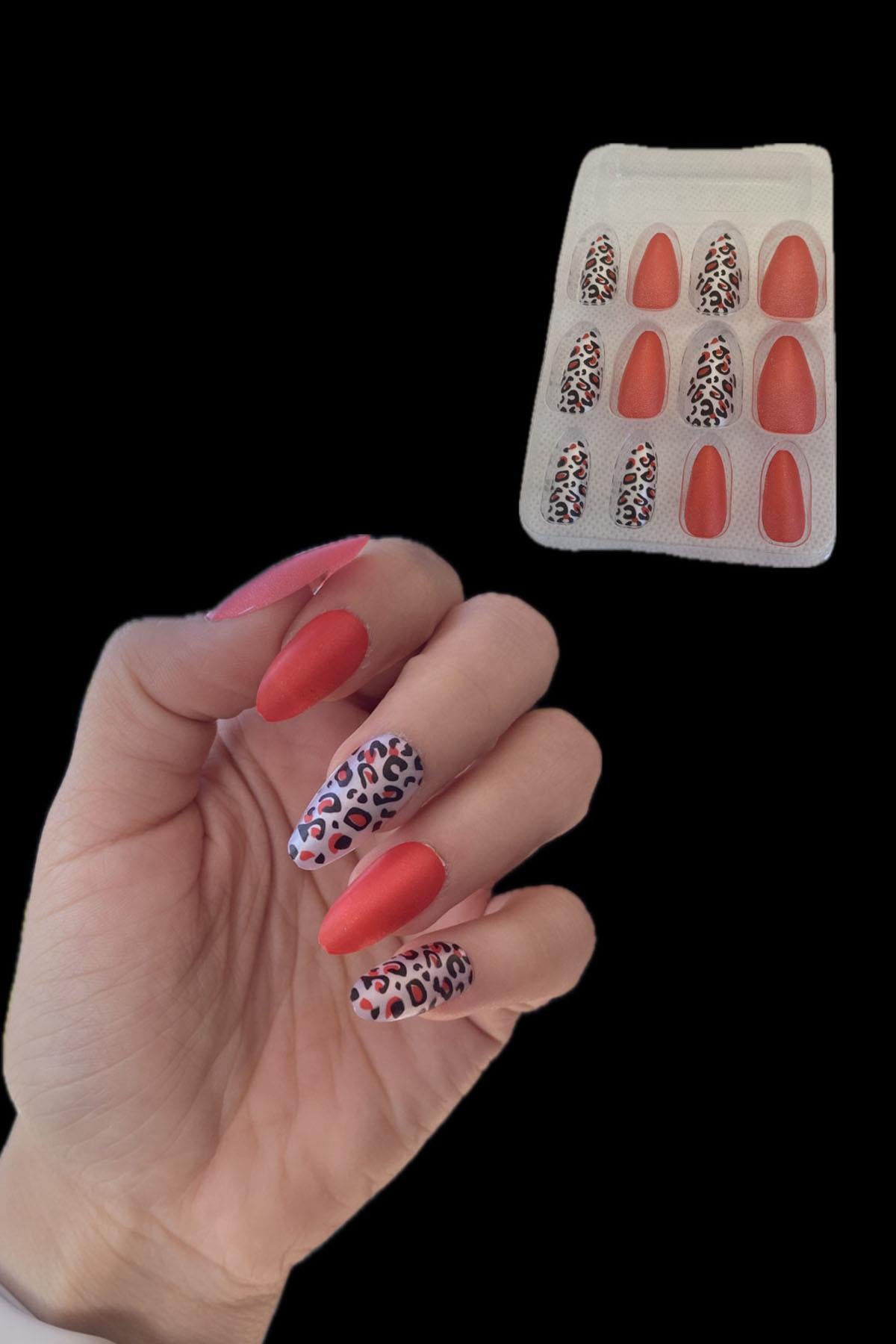 12'li Kırmızı Renk Leopar Nail Art Figürlü Takma Tırnak Seti (Yapıştırıcılı)