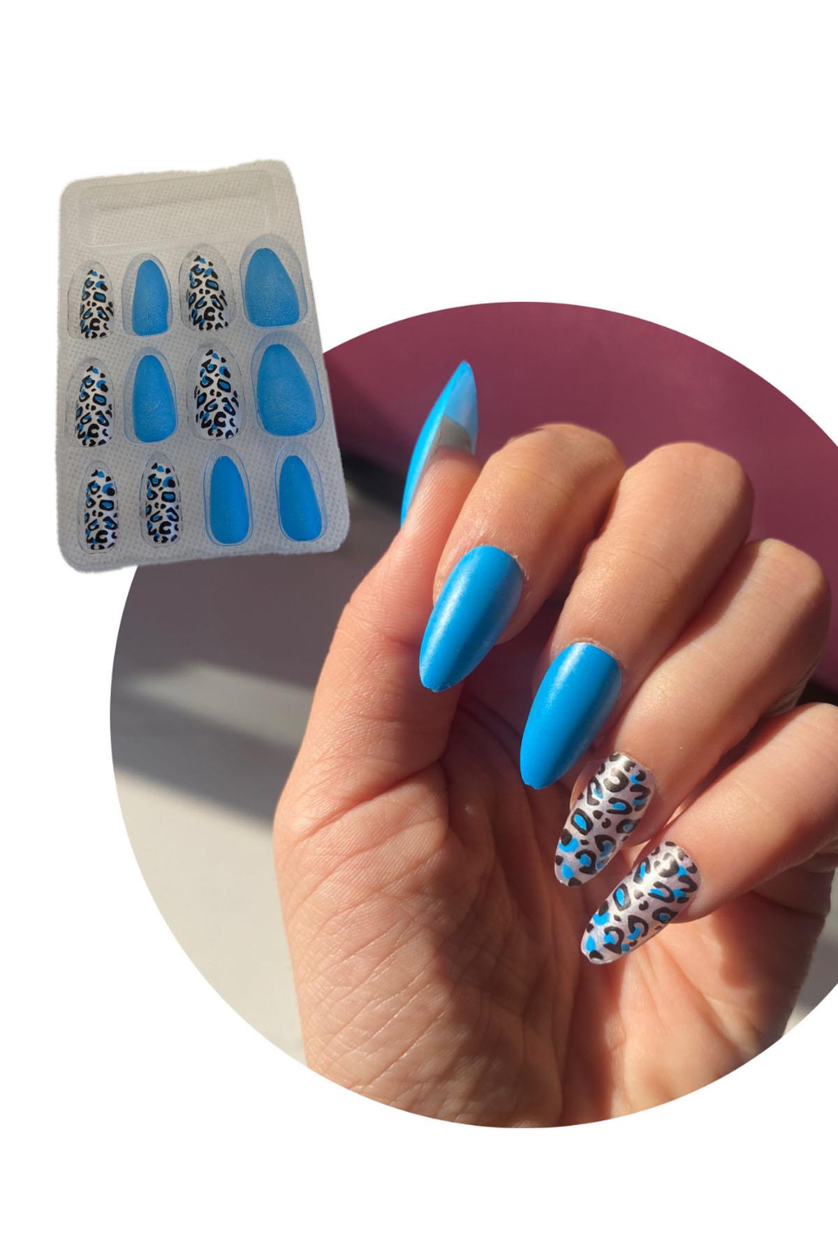 12'li Mavi Renk Leopar Nail Art Figürlü Takma Tırnak Seti (Yapıştırıcılı)