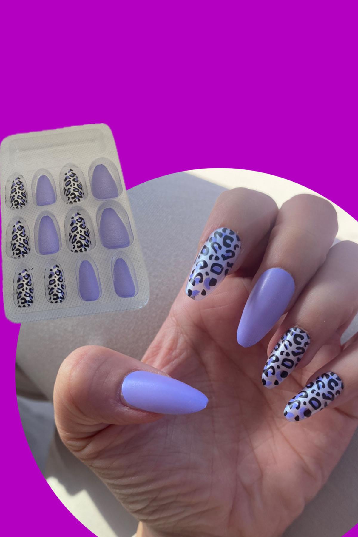 12'li Mor Renk Leopar Nail Art Figürlü Takma Tırnak Seti (Yapıştırıcılı)