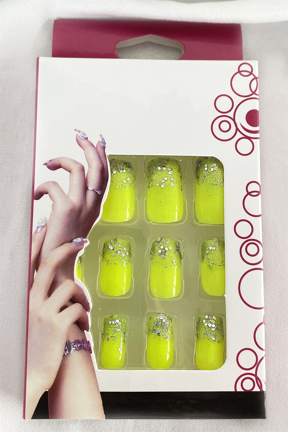 12'li Neon Yeşil Renk Simli Takma Tırnak