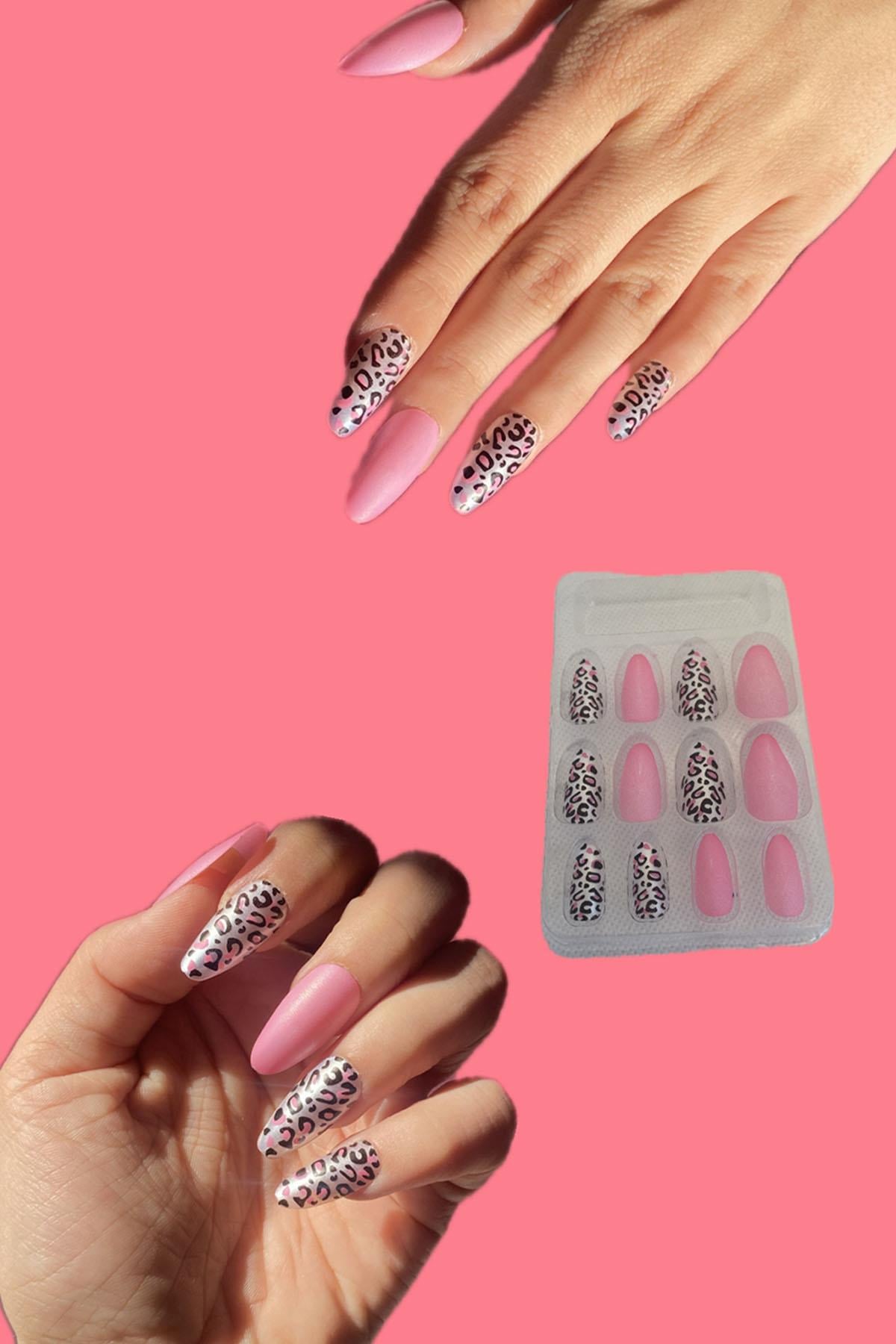 12'li Pembe Renk Leopar Nail Art Figürlü Takma Tırnak Seti (Yapıştırıcılı)