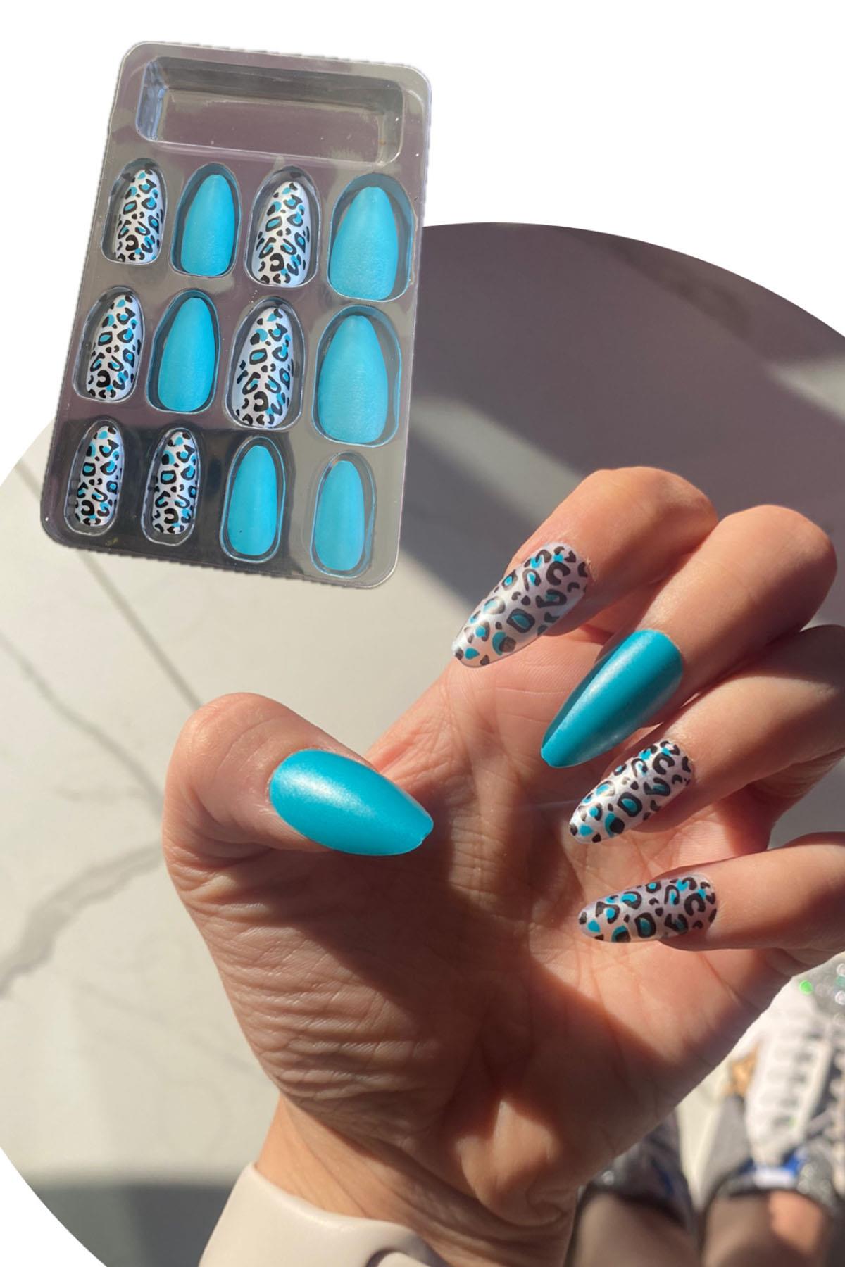 12'li Turkuaz Renk Leopar Nail Art Figürlü Takma Tırnak Seti (Yapıştırıcılı)