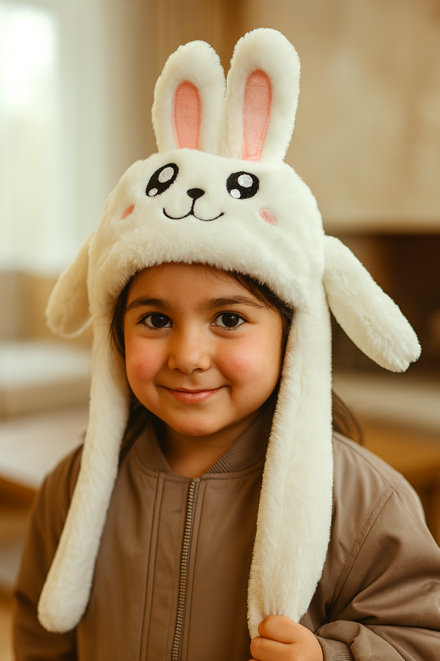 Beyaz Renk Tavşan Figürlü Kulakları Oynayan Peluş Şapka