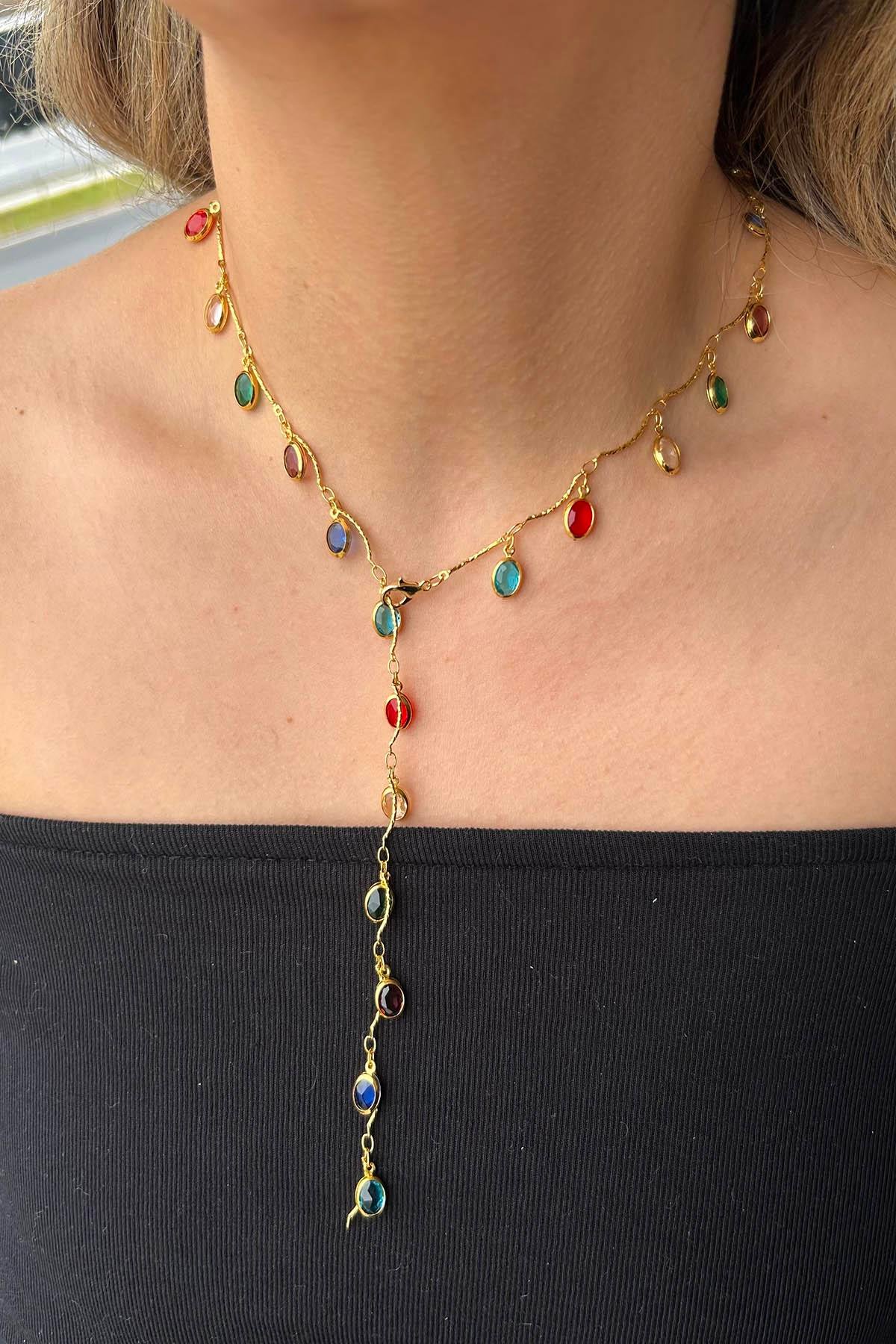 Altın Renk Taşlı Çelik Y Kolye