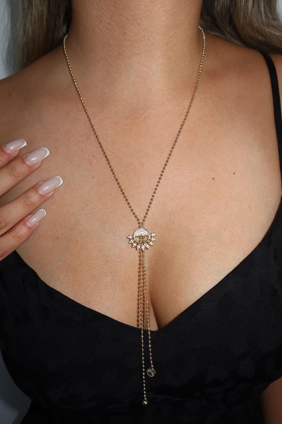 Altın Renk Taş Detaylı Y Kolye