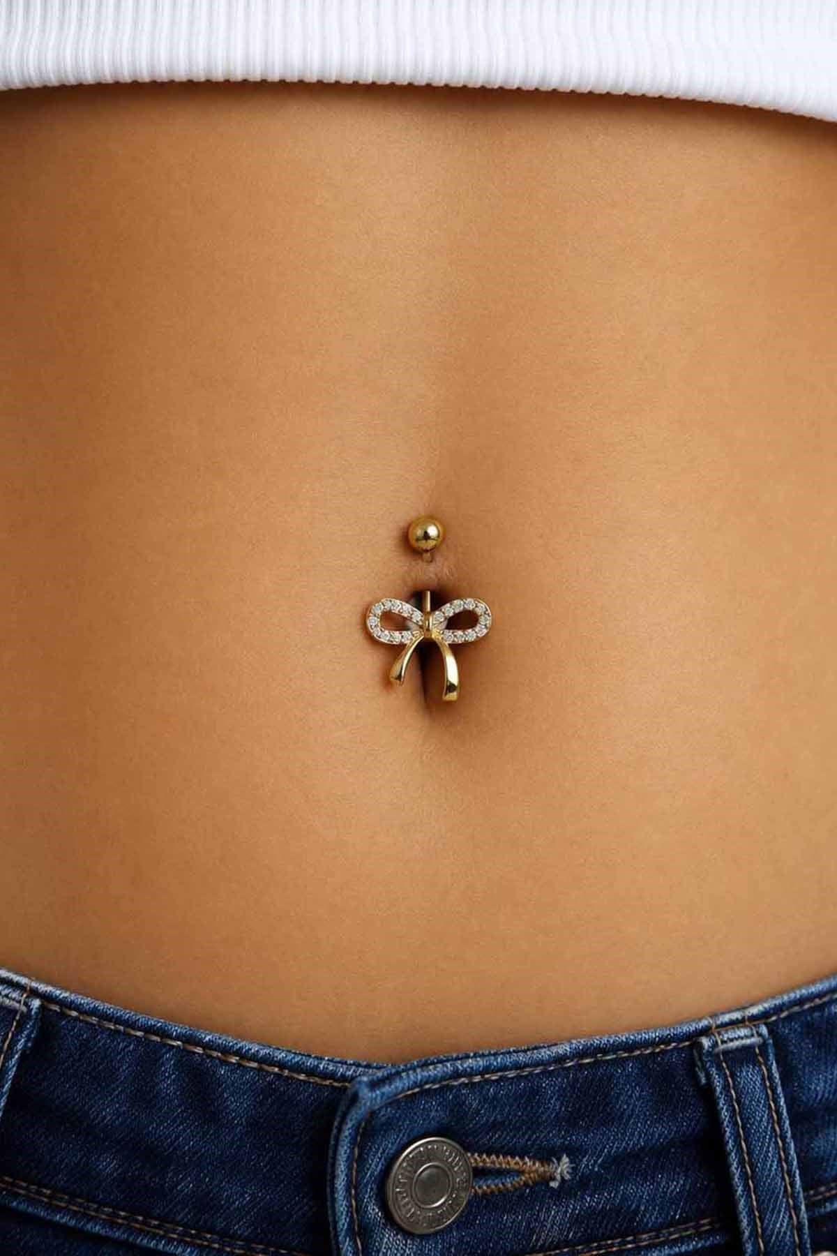 Altın Renk Kurdele Figürlü Taşlı Cerrahi Çelik Göbek Piercing