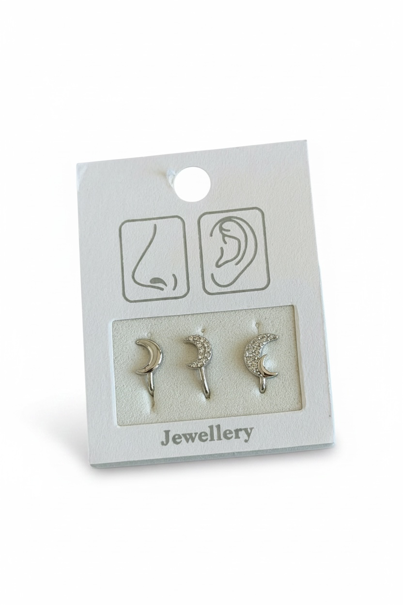 Gümüş Renk Karışık Figürlü Deliksiz Kulak/Burun 3'lü Piercing Set