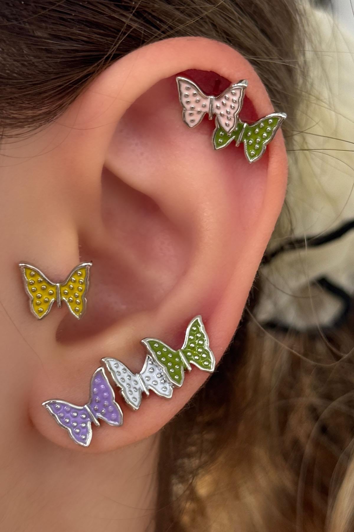 Gümüş Renk Kelebek Figürlü Taş Detaylı 6'lı Küpe Set