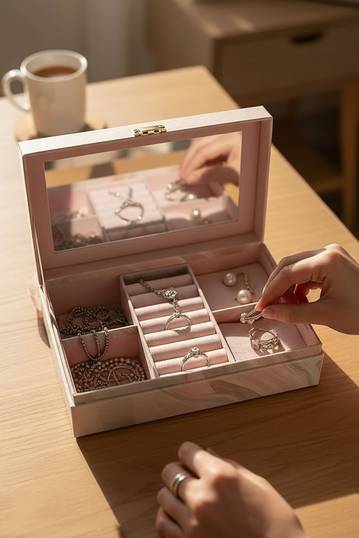 Pembe Renk Ayna Detaylı Takı Organizeri