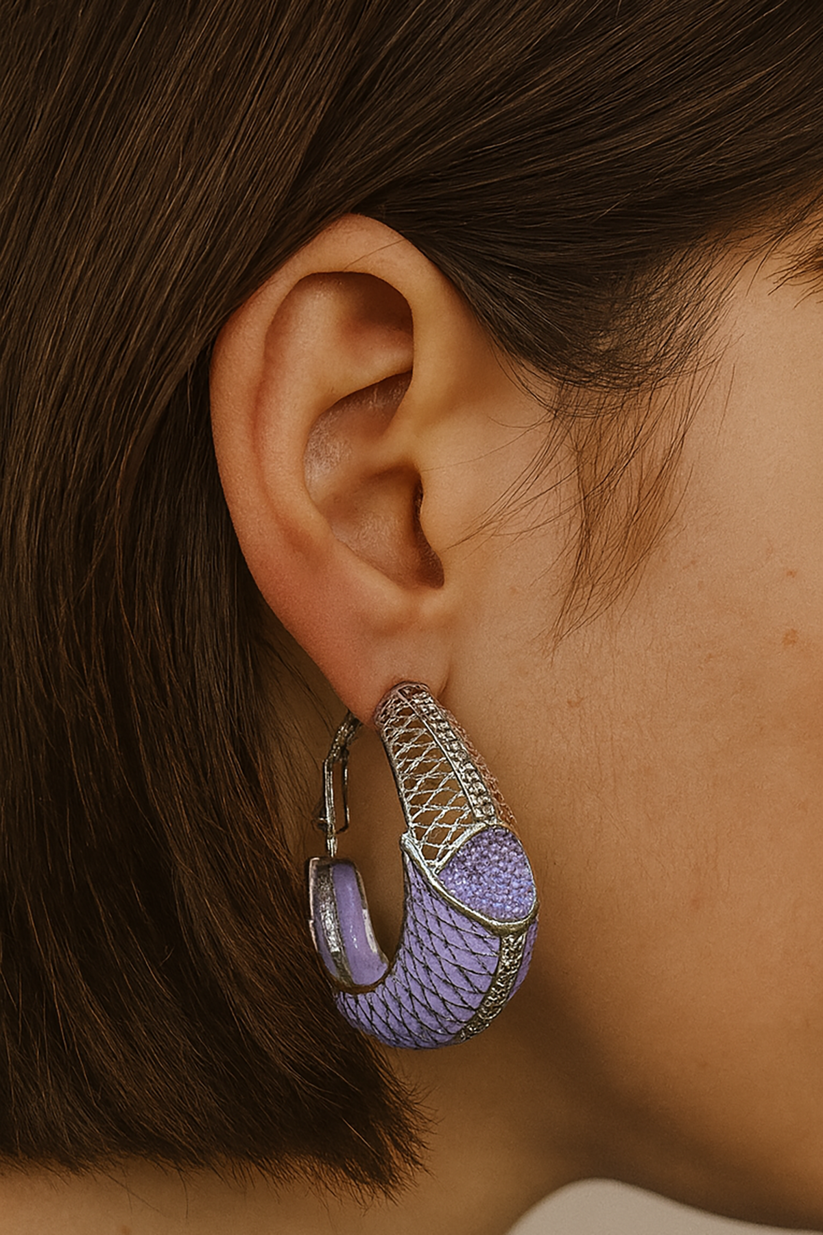 Gümüş Ve Lila Renk 14K Altın Kaplama TX Küpe (Çift)