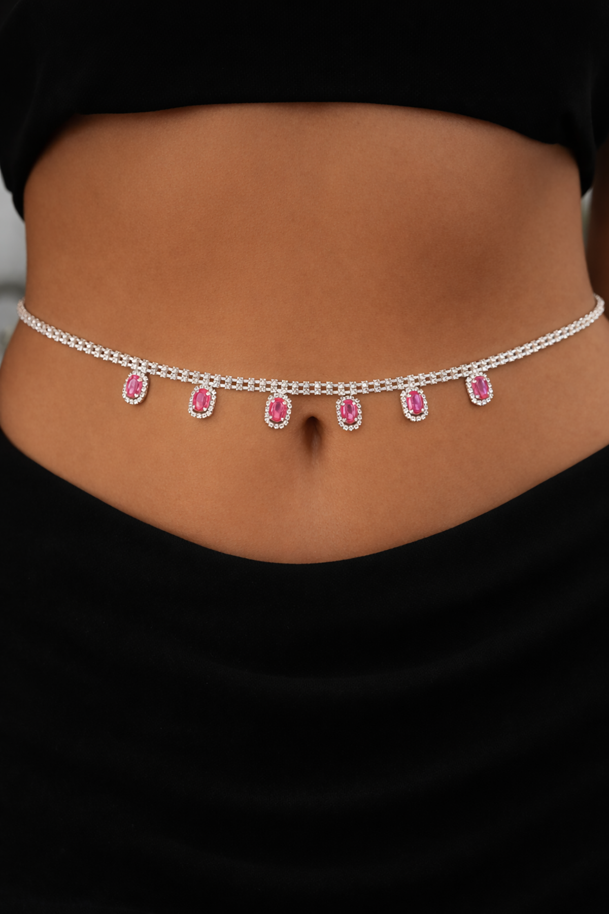 Gümüş Renk Taş Detaylı Tasarım Bel Zinciri/Vücut Aksesuar