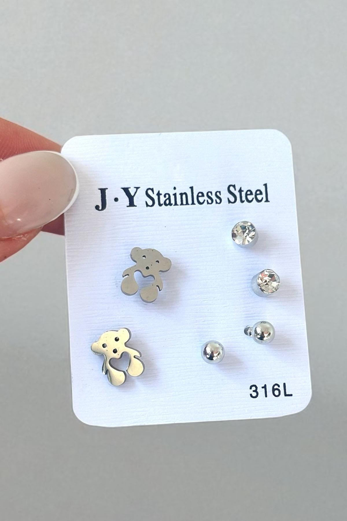 Gümüş Renk 6'lı Karışık Figürlü Çelik Küpe Set