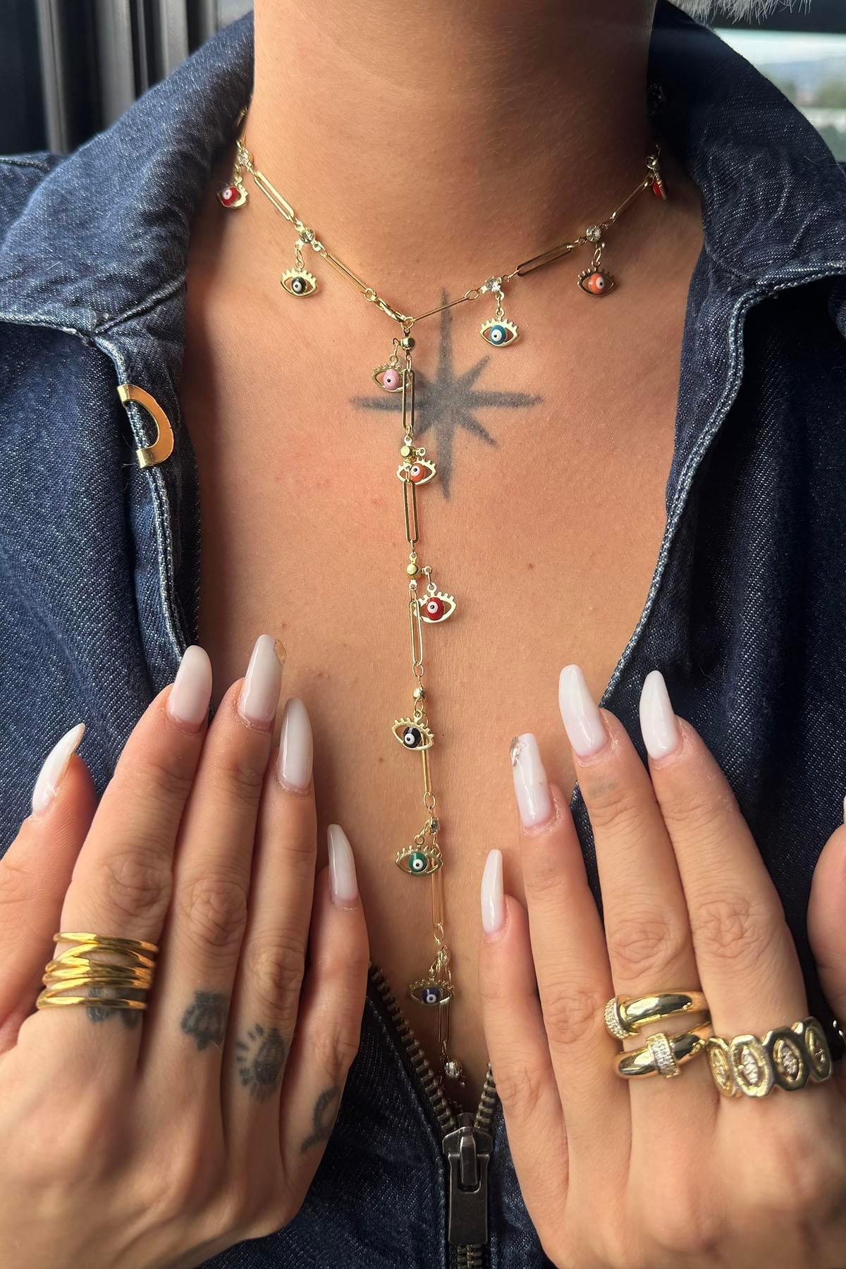 Altın Renk Göz Figürlü Çelik Y Kolye